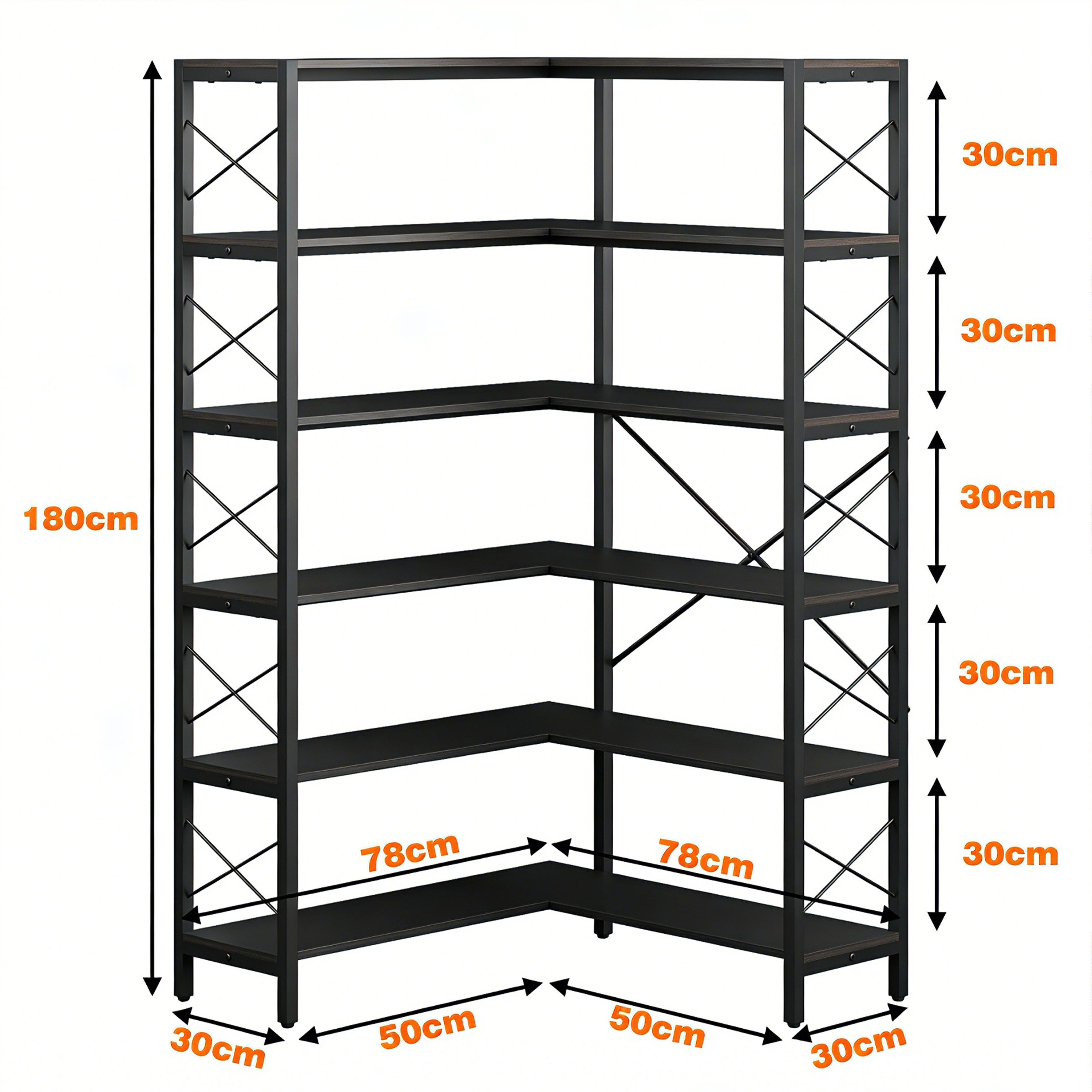Wildhome Bücherregal Eck-Bücherregal 6 Etagen, Industrie Design Eckregal, 180cm hoch, 1-tlg., Metall Holz Etagere mit offener Lagerung, Standregal
