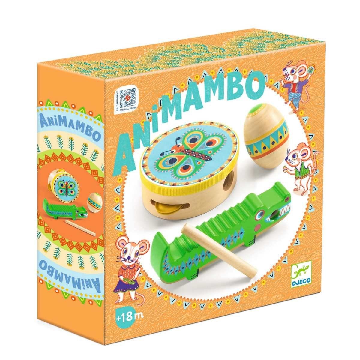 DJECO Spielzeug-Musikinstrument Animambo Schlaginstrumente: Tamburin, Maracas, Guiro