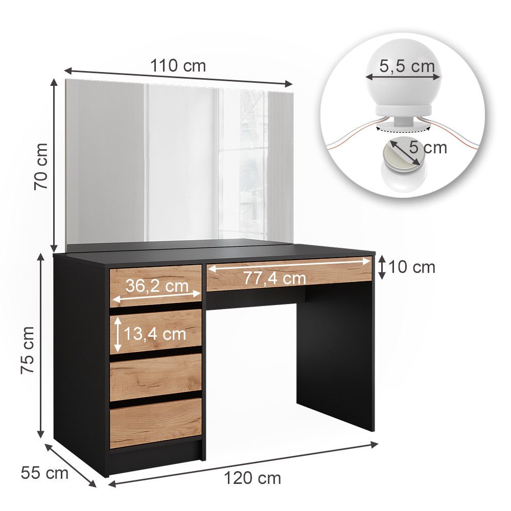 Vicco Schminktisch Sherry, Anthrazit/Goldkraft Eiche, 120 x 75 cm mit Spiegel & LED-Be... (2-St)