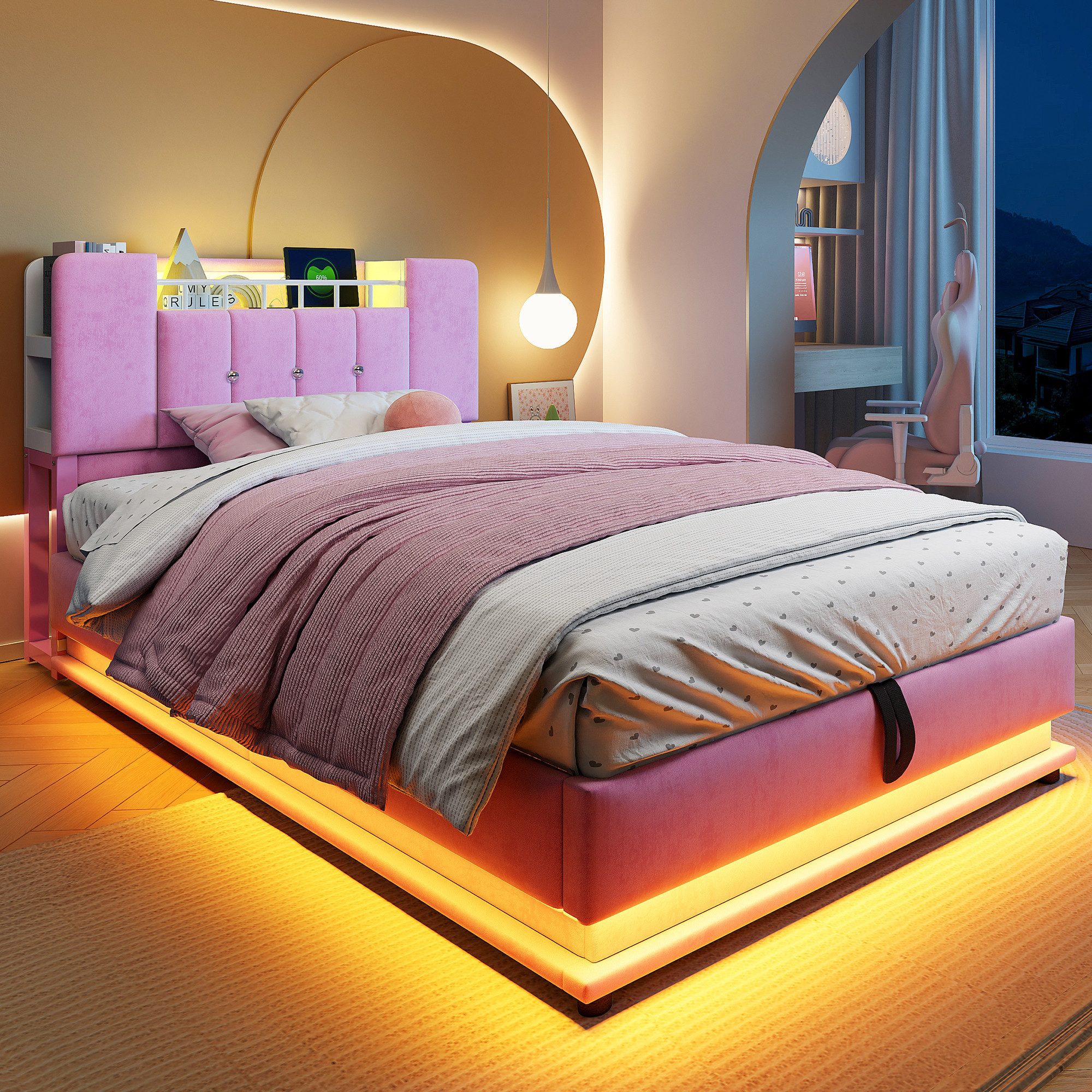 Merax Polsterbett mit LED-Beleuchtung und USB-Anschluss (Metalllattenrahmen & Samtbezug, 1-tlg., Kinderbett Einzelbett Mehrzweckbett Stauraumbett), Jugendbett 90×200cm mit hydraulischem Stauraum & Kopfteilfach, Samt