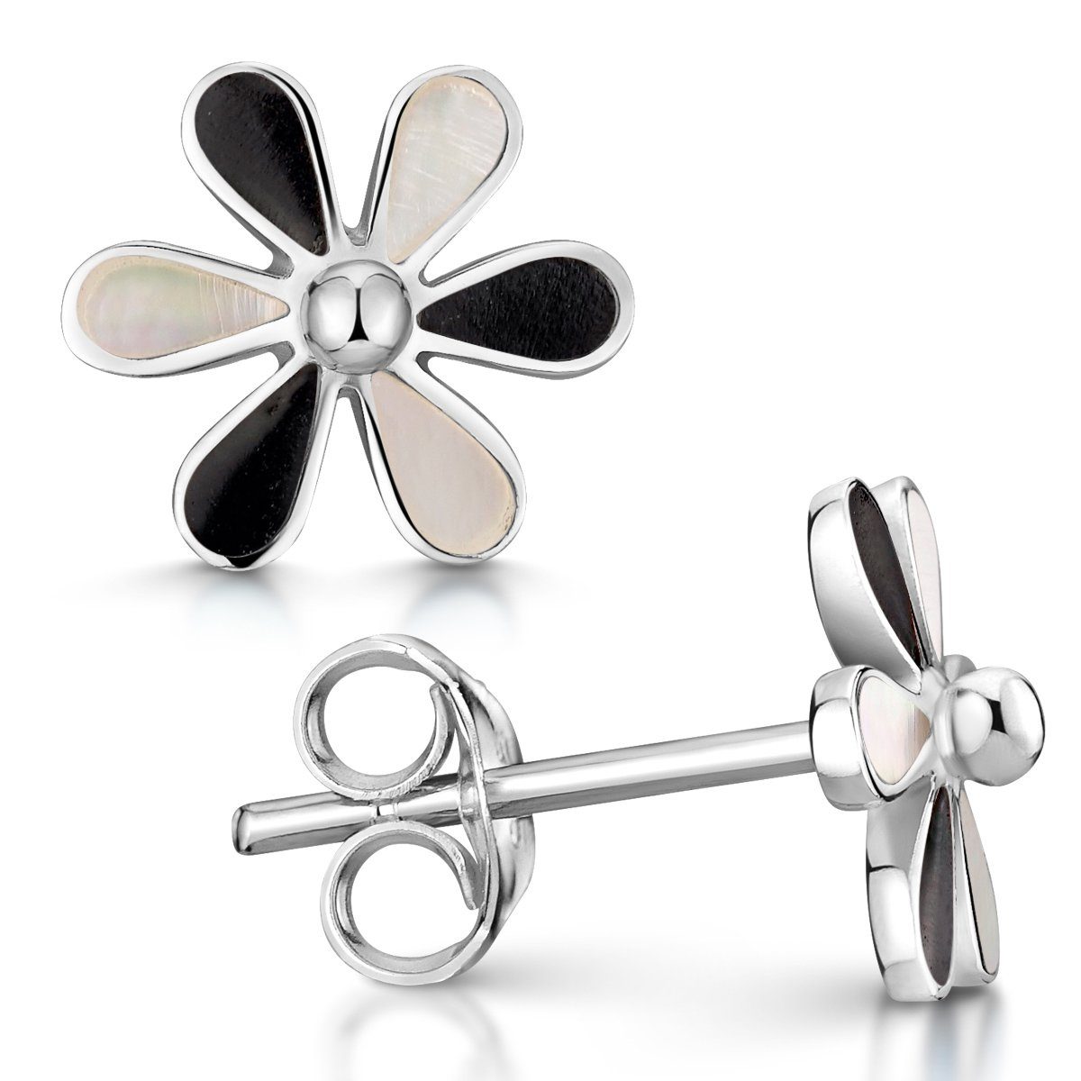 Paar Ohrstecker Damen Mädchen Blüte Blume Perlmutt Schwarz Weiß SO-162