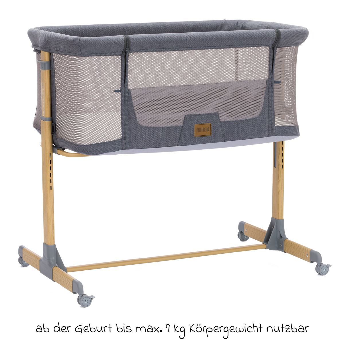 Fillikid Beistellbett Air - Grau, Babybett Beistellbett ab Geburt nutzbar – höhenverstellbar bis 9 kg