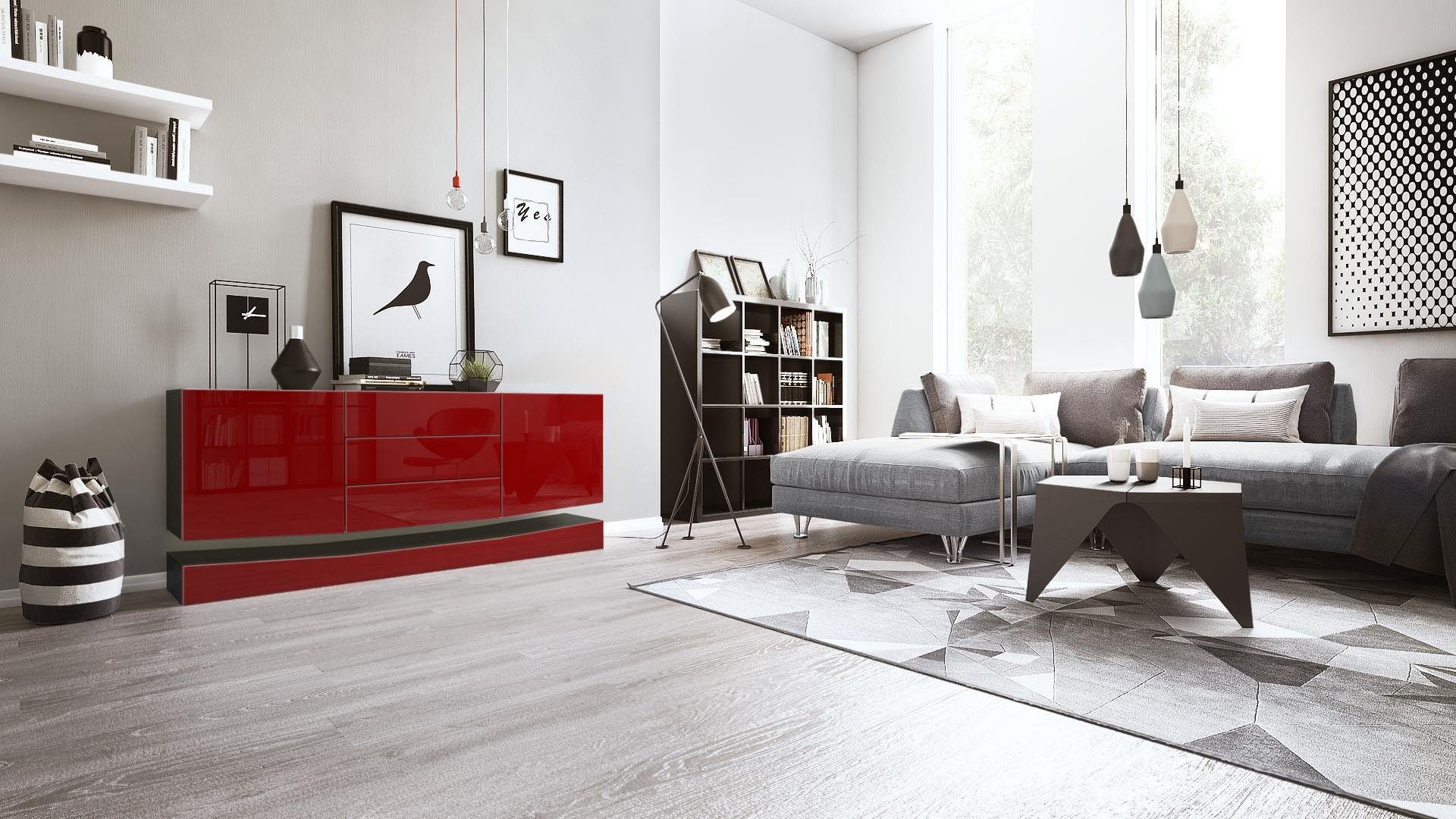 Vladon Sideboard City (Kommode, mit 2 Türen und 3 Schubladen), Schwarz matt/Bordeaux Hochglanz (178 x 72 x 38 cm)