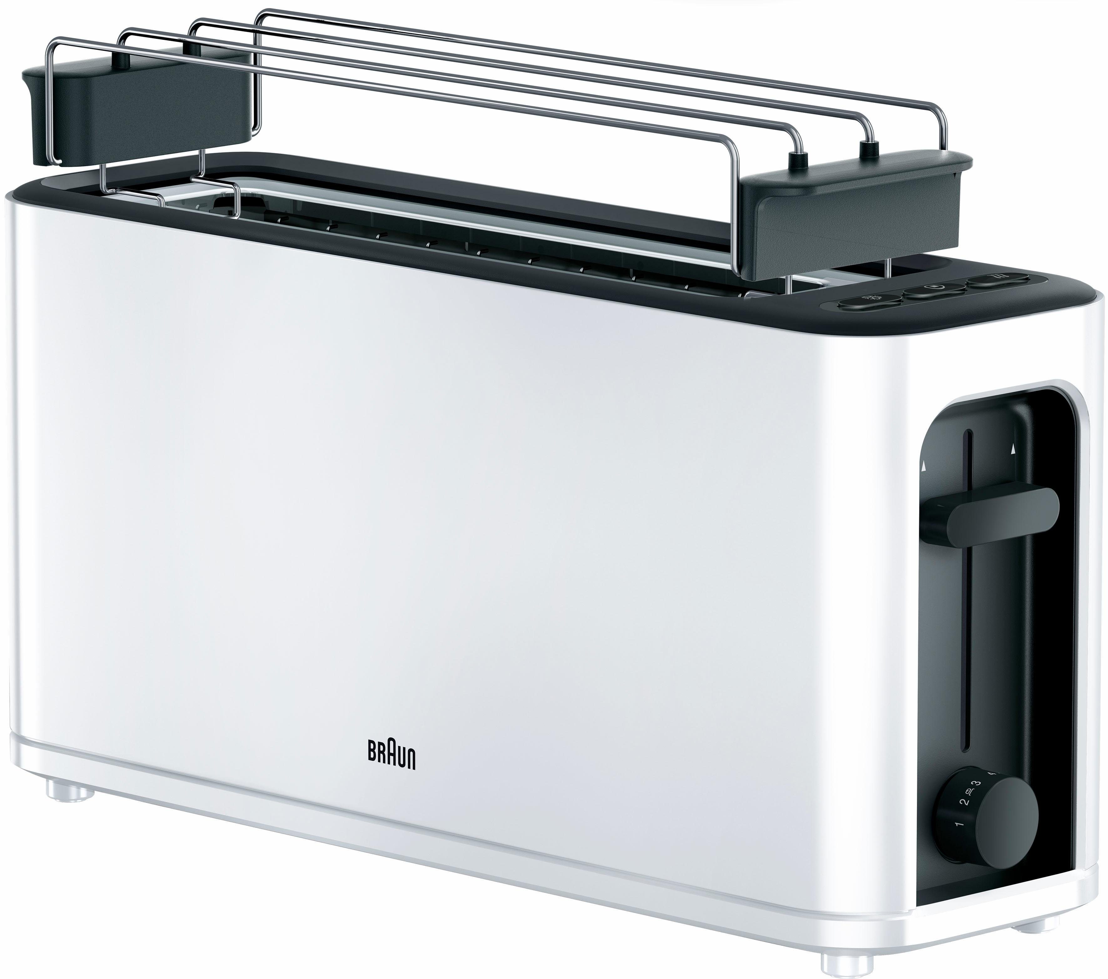 Braun Toaster PurEase HT 3110 WH - 2 Langschlitze, 7 Stufen, Auftau- Aufwärmfunktion, 1 langer Schlitz, für 2 Scheiben, 1000 W, 1.000 W, Kunststoff, Automatische Abschaltung, Brötchenaufsatz