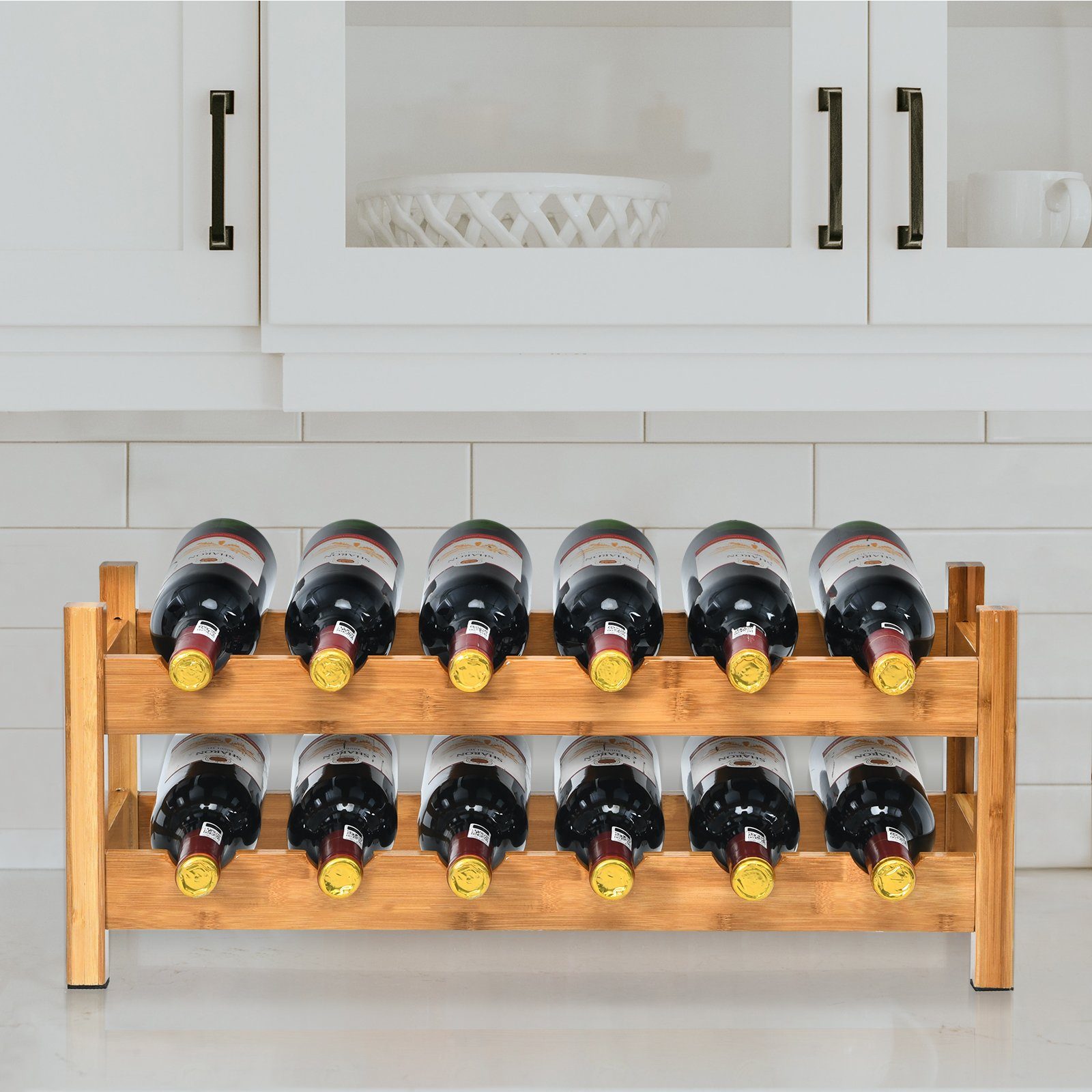 COSTWAY Weinregal, Bambus, 2- stöckig, für 12 Flaschen, 62x24x25cm
