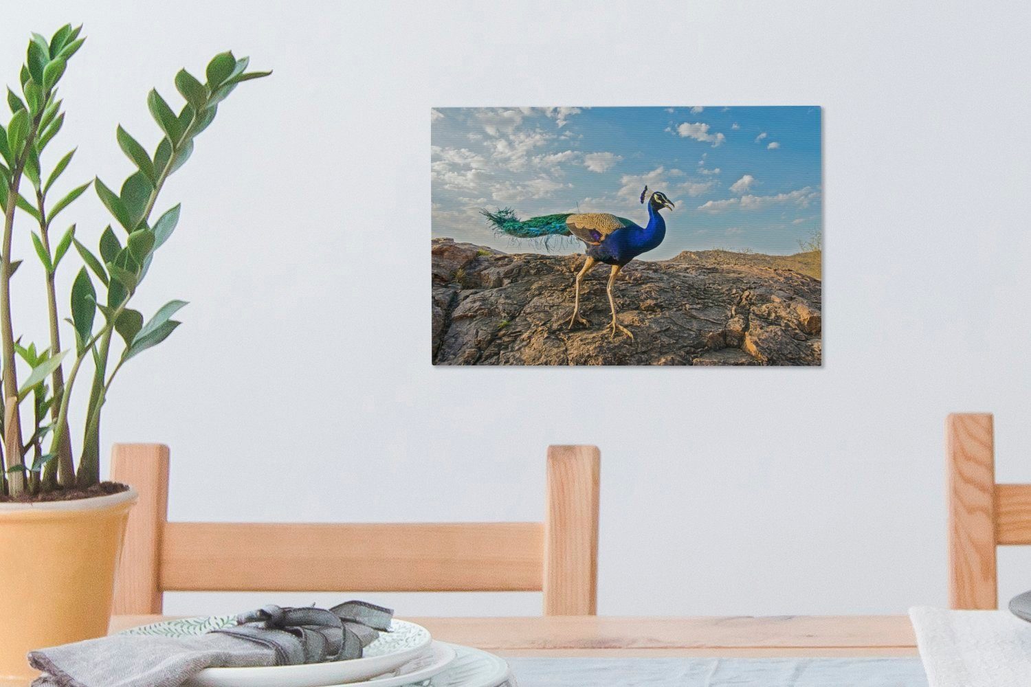 - Pfau Wandbild Wanddeko, - Blau, Berg Aufhängefertig, OneMillionCanvasses® Leinwandbilder, 30x20 (1 St), Leinwandbild cm