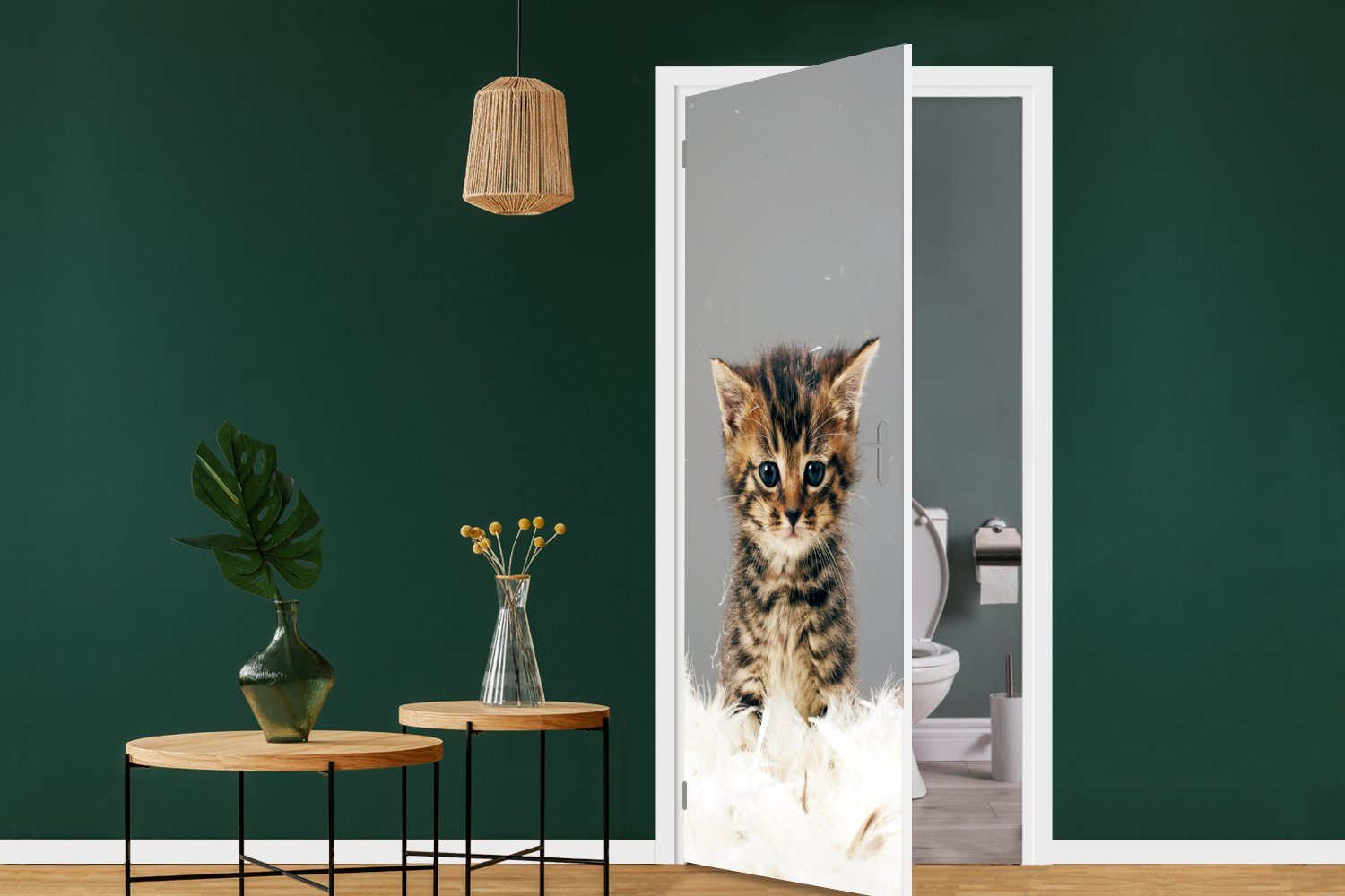 cm Matt, Tür, Fototapete - bedruckt, (1 - Kätzchen Türtapete MuchoWow Türaufkleber, 75x205 St), Katze für Federn,