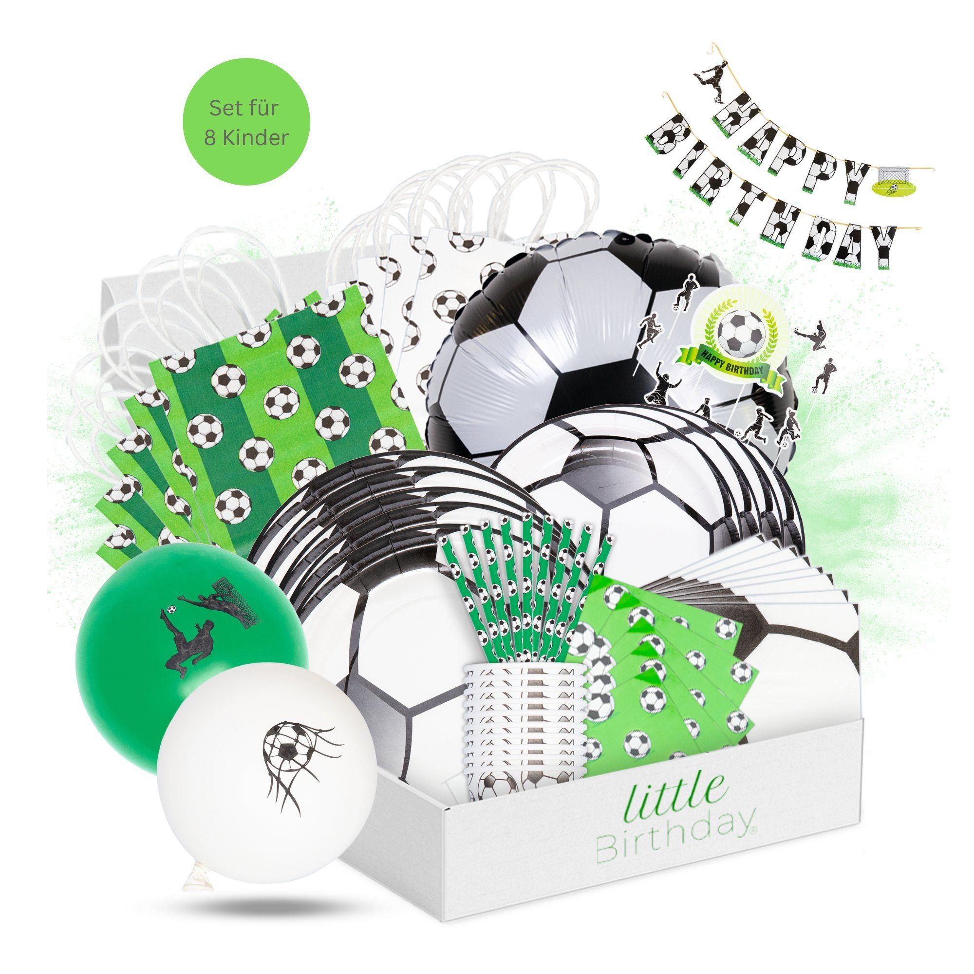 little Birthday Papierdekoration Fußball Party Set für Geburtstag, Partygeschirr, Luftballons, ALLES, für 8 Kinder, 126 Teile aus einem Set