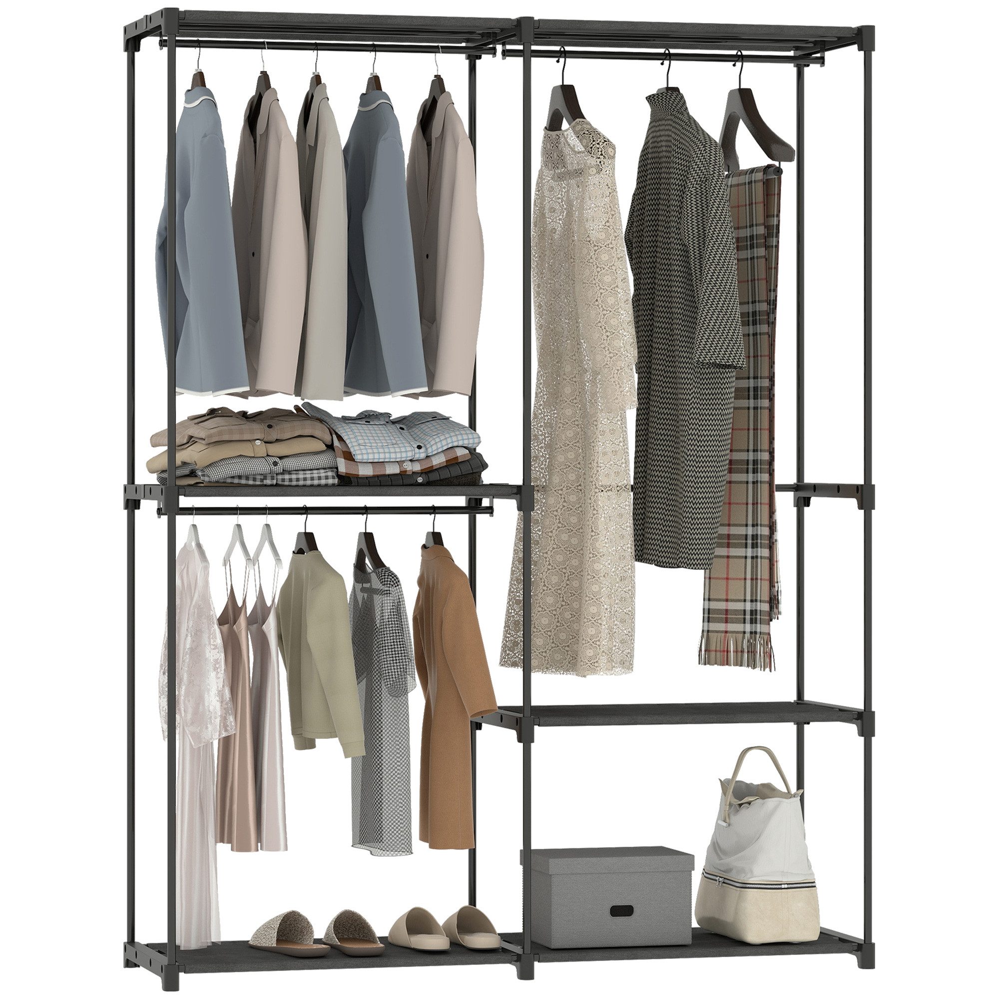 HOMCOM Stoffschrank Kleiderschrank mit Kleiderstange, Ablagen, Stoffkleiderschrank (Kleiderschrank, 1-St., Garderobe aus Stoff) Staubschutz, Schwarz – Bild 2 von 5