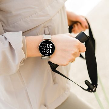 XCOAST SIONA 2 Damen Smartwatch (4,2 cm/1,3 Zoll, iOS und Android) Fitness Tracker, AMOLED, satte Farben, 21 Sportarten, 150 watchfaces, 3-tlg., SILBER, NEUESTE GENERATION, Blutsauerstoff, iOS & Android, ultraflach (6,9mm), wasserdicht, Puls, Blutdruck