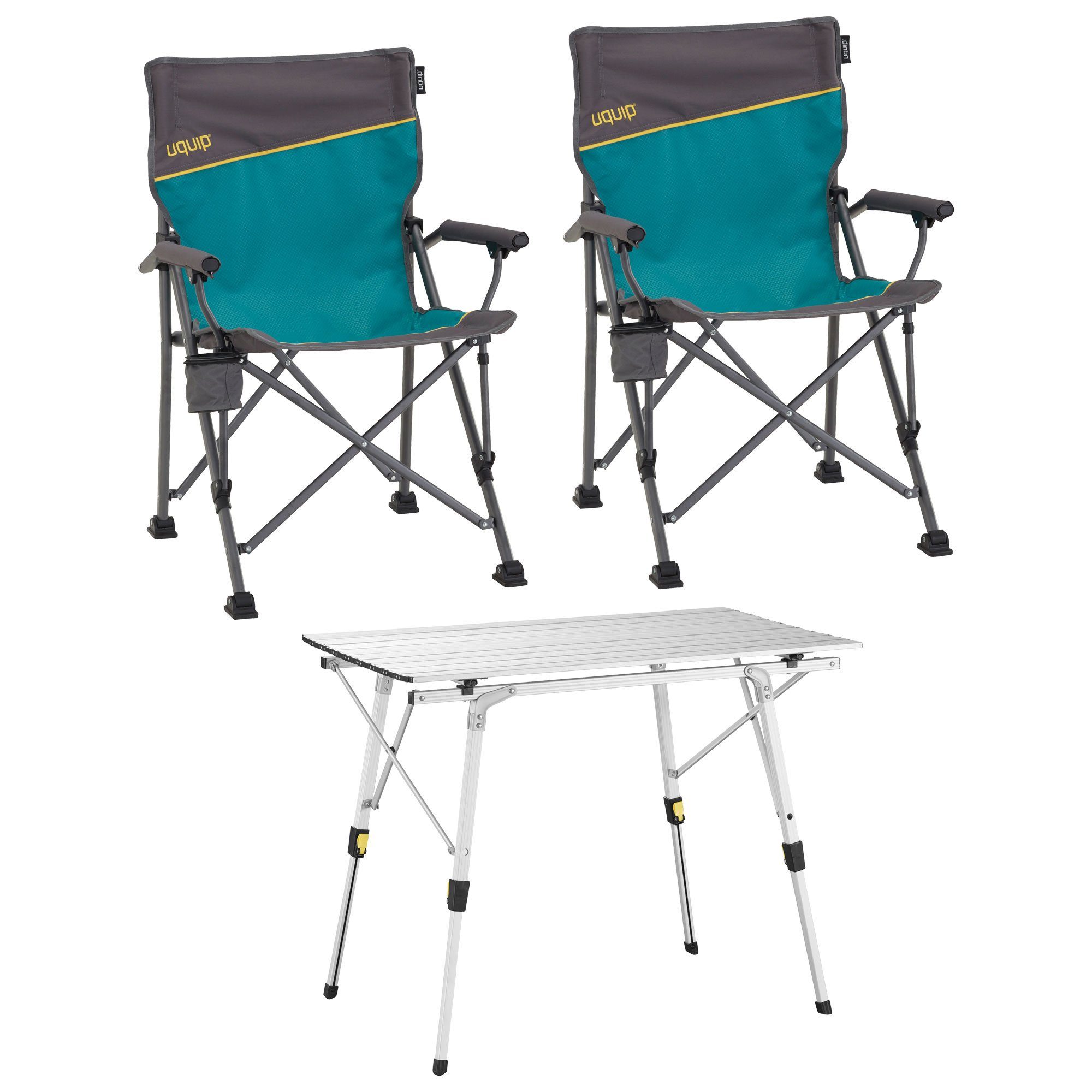 UQUIP Sitzgruppe Bloody Camping-Garnitur, 3-tlg. Falttisch und zwei Klappstühle, (3-tlg), Tischbeine einzeln höhenverstellbar