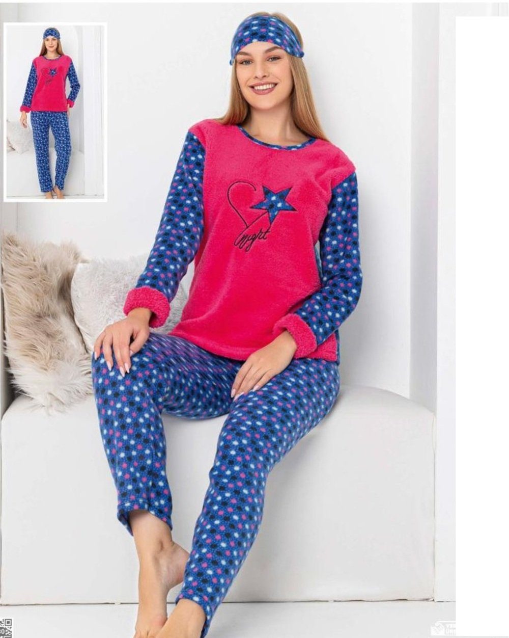 Selef Creation Pyjama Flauschige Pyjama Winter 3Tlg Schlafanzug Set Rot für