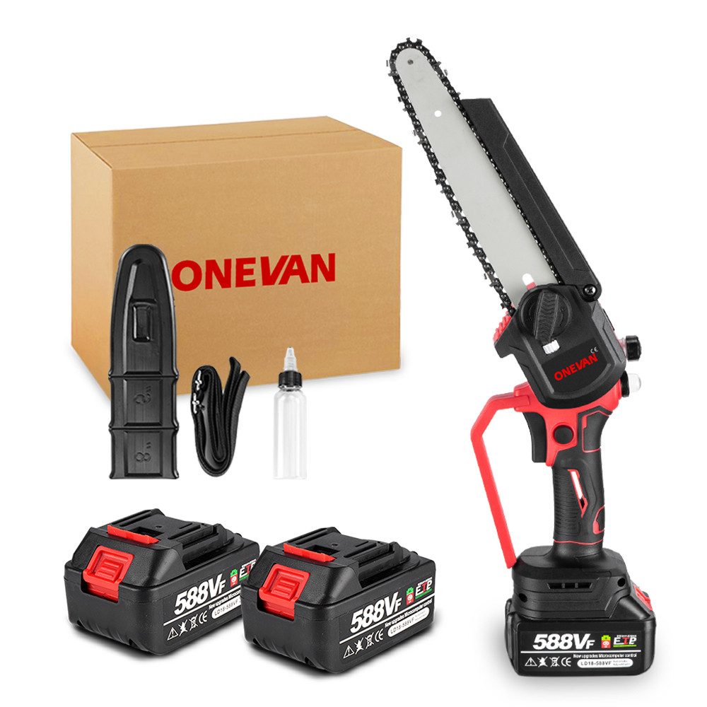 ONEVAN Akku-Kettensäge 8 Zoll Kabellose Elektrokettensäge, Bürstenloser Motor Handkettensäge, mit 2 x Akkus, für Gartengeräte, Holzschneiden, Heimwerken