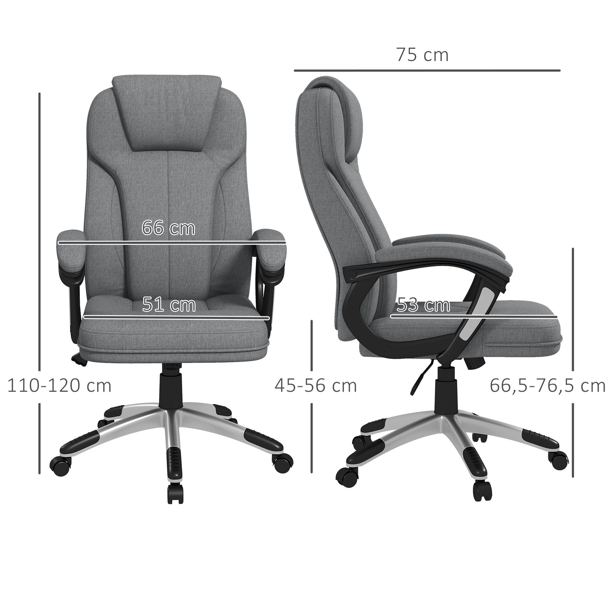 Vinsetto Bürostuhl ergonomisch Computerstuhl mit Wippfunktion (Drehstuhl, 1 St), Leinenoptik Grau 66 x 75 x 110–120 cm