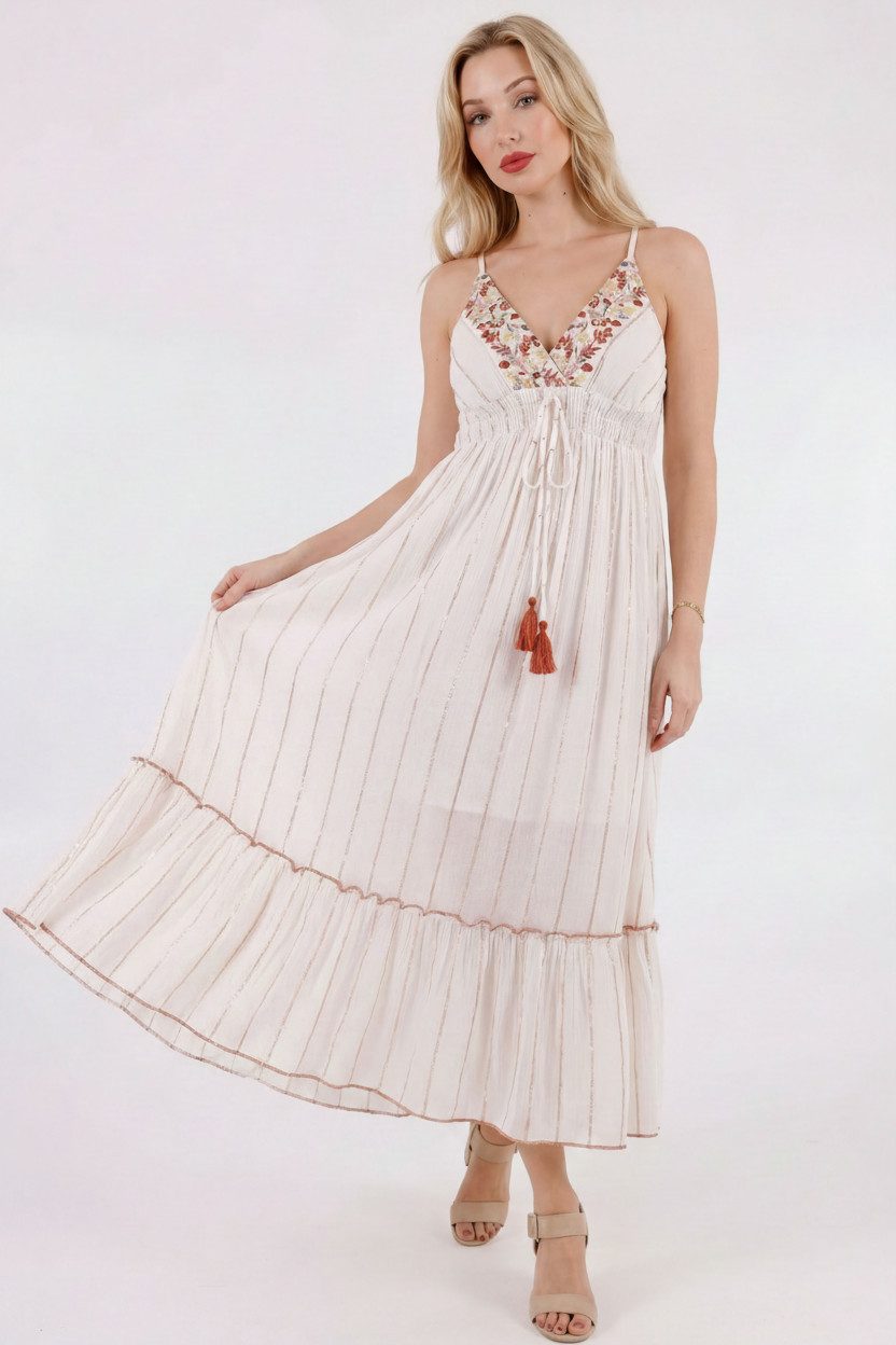 YC Fashion & Style Maxikleid Sommerkleid mit floraler Stickerei und elastischer Empire-Taille aus Viskose