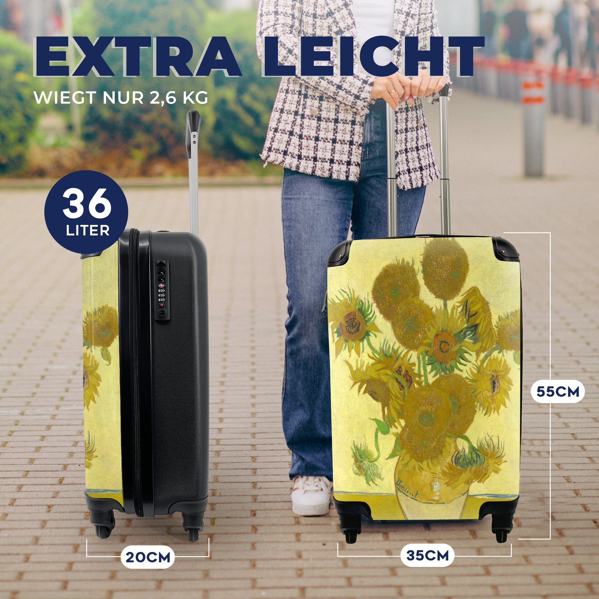 MuchoWow Handgepäckkoffer Sonnenblumen - für van mit Gogh, Handgepäck Reisekoffer Rollen, Ferien, 4 Reisetasche Vincent Trolley, rollen