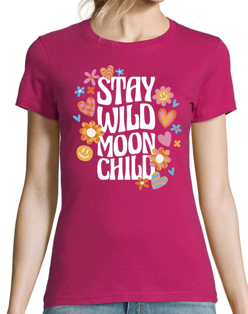 Frontprint Moon mit Designz Wild Fuchsia T-Shirt trendigem Youth Shirt Damen "Stay Chill"