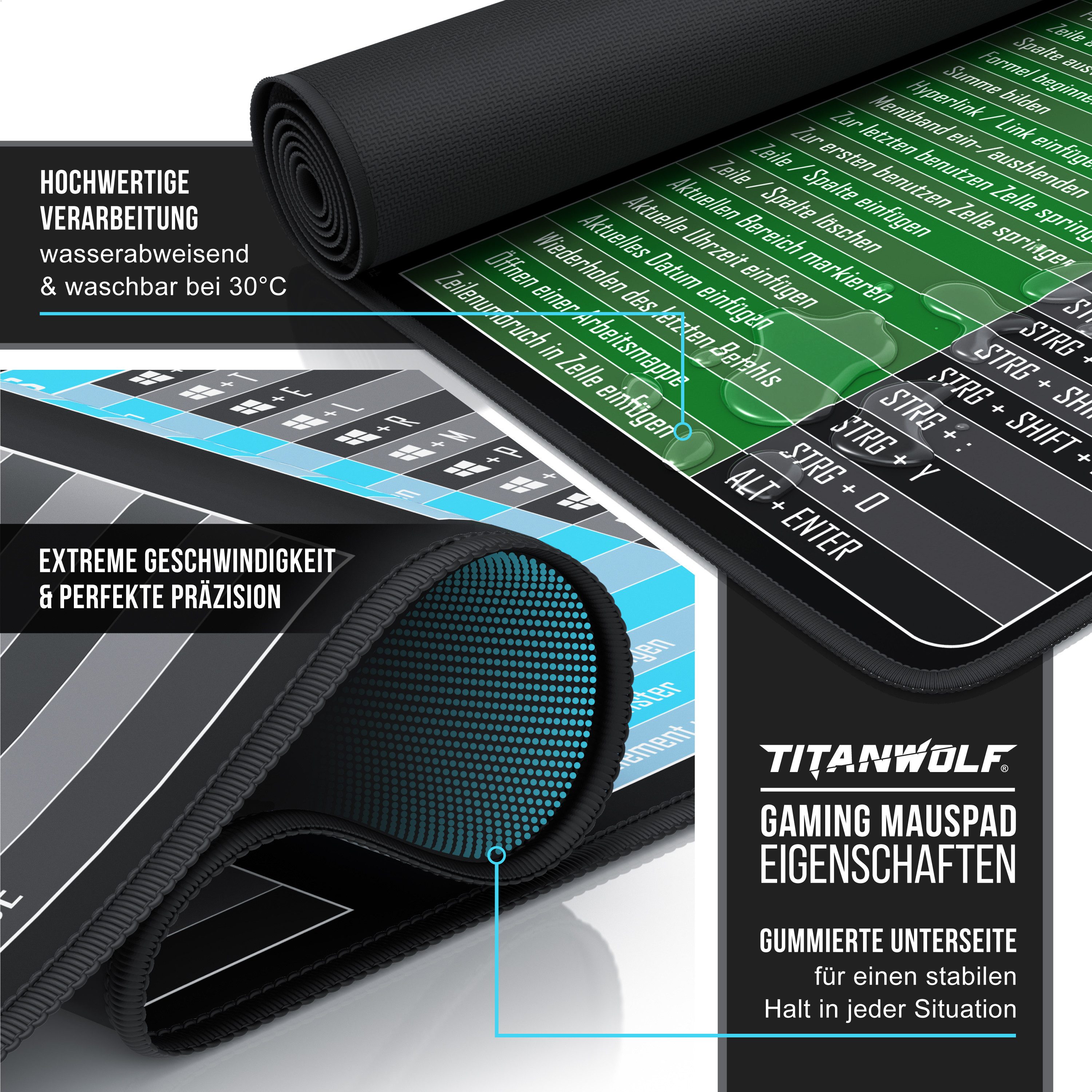 Titanwolf Gaming Mauspad XXL Speed Mousepad 900 x 400 x 3 mm, Schreibtischauflage, abwaschbar, rutschfeste Rückseite, Geschwindigkeit & Präzision, MS Keyboard