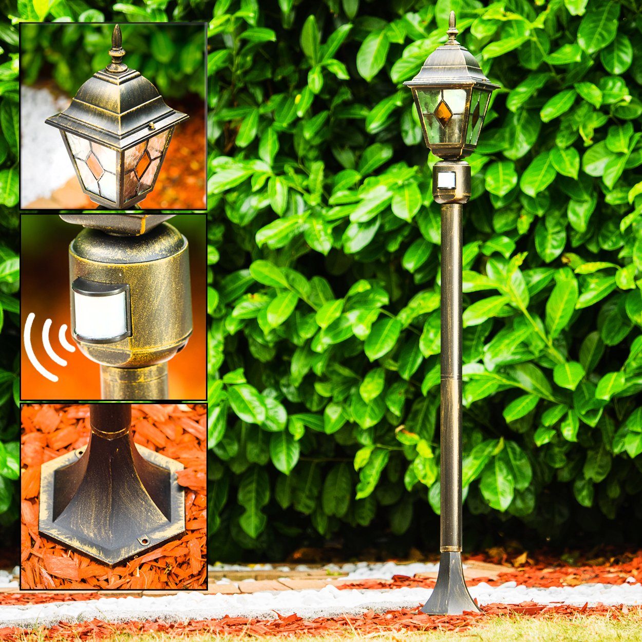 hofstein Pollerleuchte »Tuili« Außenleuchte mit Bewegungsmelder, Kandelaber in antikem Look, ohne Leuchtmittel, Aluguss in Braun/Gold mit Klarglas-Scheiben, E27, IP44