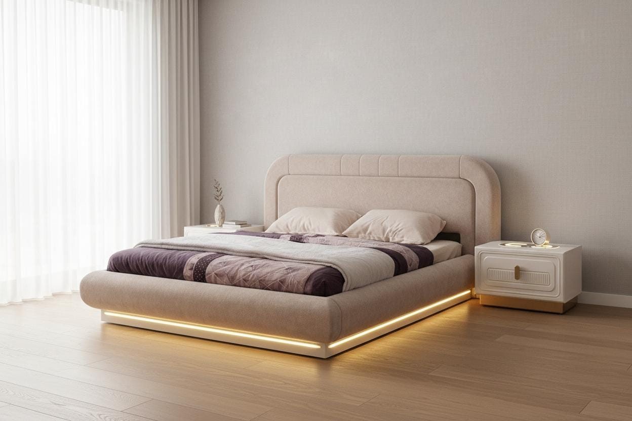 JVmoebel Schlafzimmer-Set Schlafzimmer Set Beige Modern Elegant LED Bett 2x Nachttische Luxus, (3-tlg), Made in Europa
