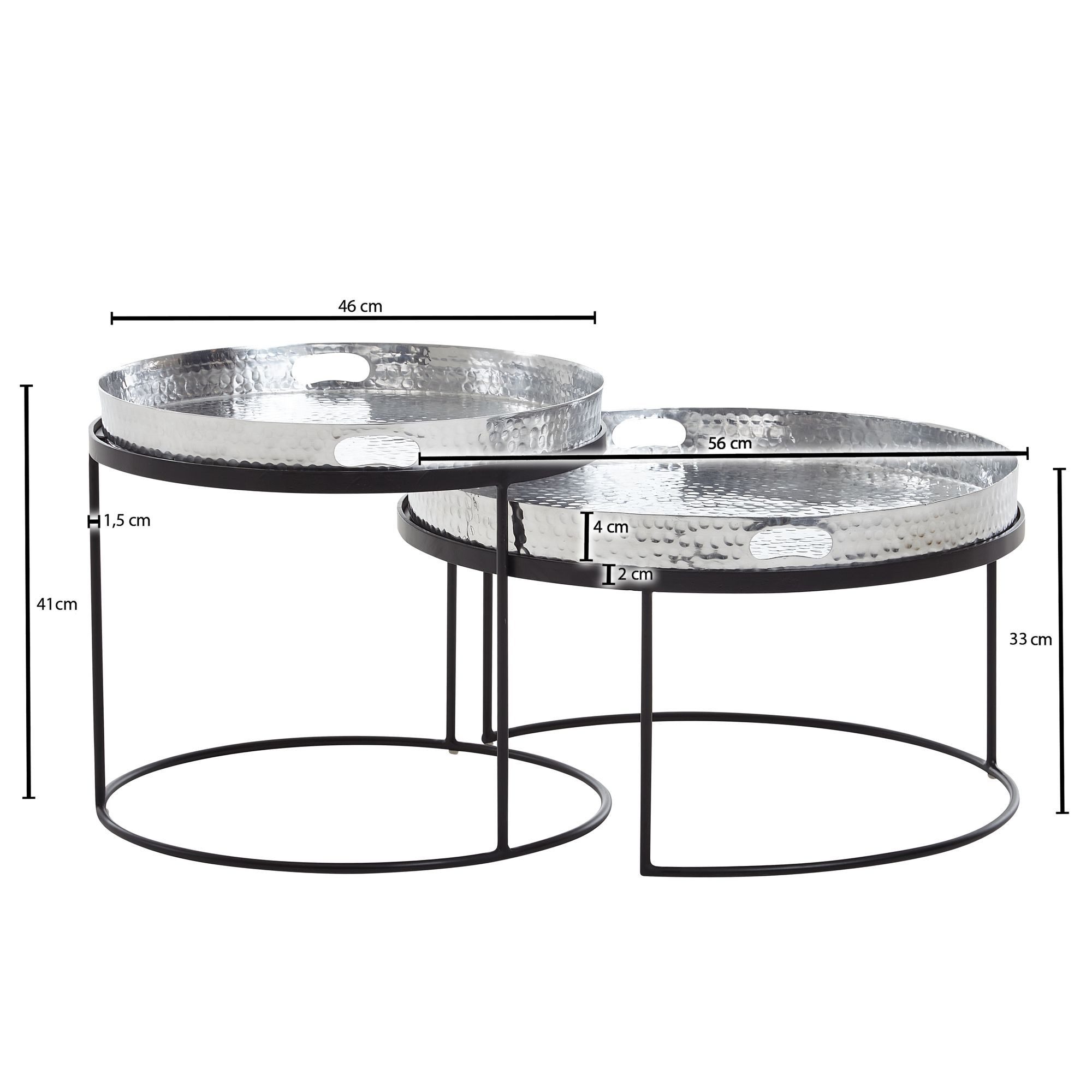 Wohnling Satztisch Couchtisch 2er Set Metall Tabletttisch Silber Sofatisch Tisch Rund (2er Set Silber / Schwarz Metall Hammerschlag Rund), Couchtisch abnehmbares Tablett, Beistelltisch