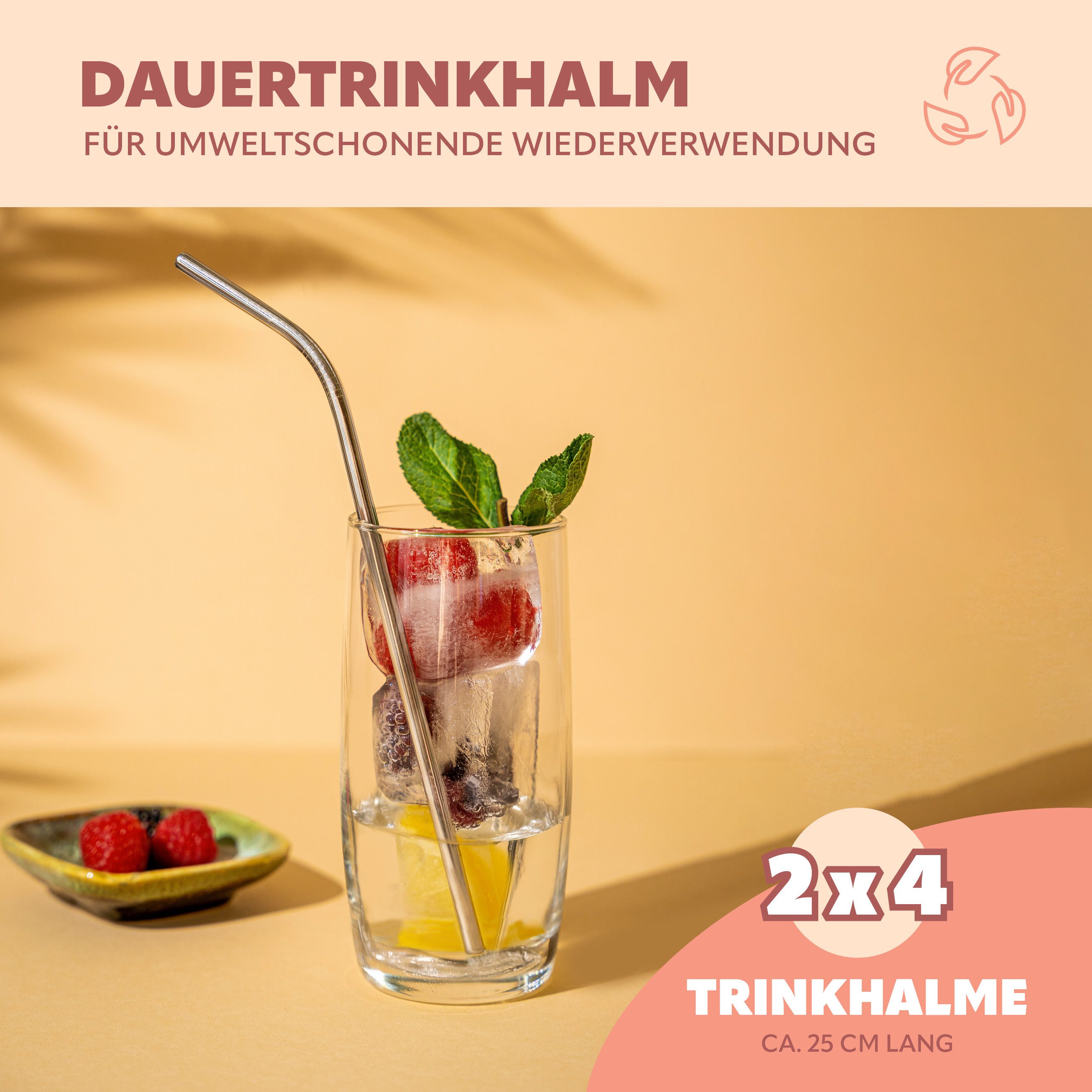 bremermann Trinkhalme 8er Edelstahl-Trinkhalme, 26,5 cm Länge, wiederverwendbar, (8-tlg), 4x gebogen, 4x gerade, inkl. 2 Reinigungsbürsten