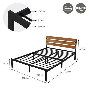 ML-DESIGN Metallbett Bett für Schlafzimmer mit Lattenrost und Holz-Kopfteil Rustikal, Gästebett 140x200 cm Schwarz-Braun Einzelbett Doppelbett