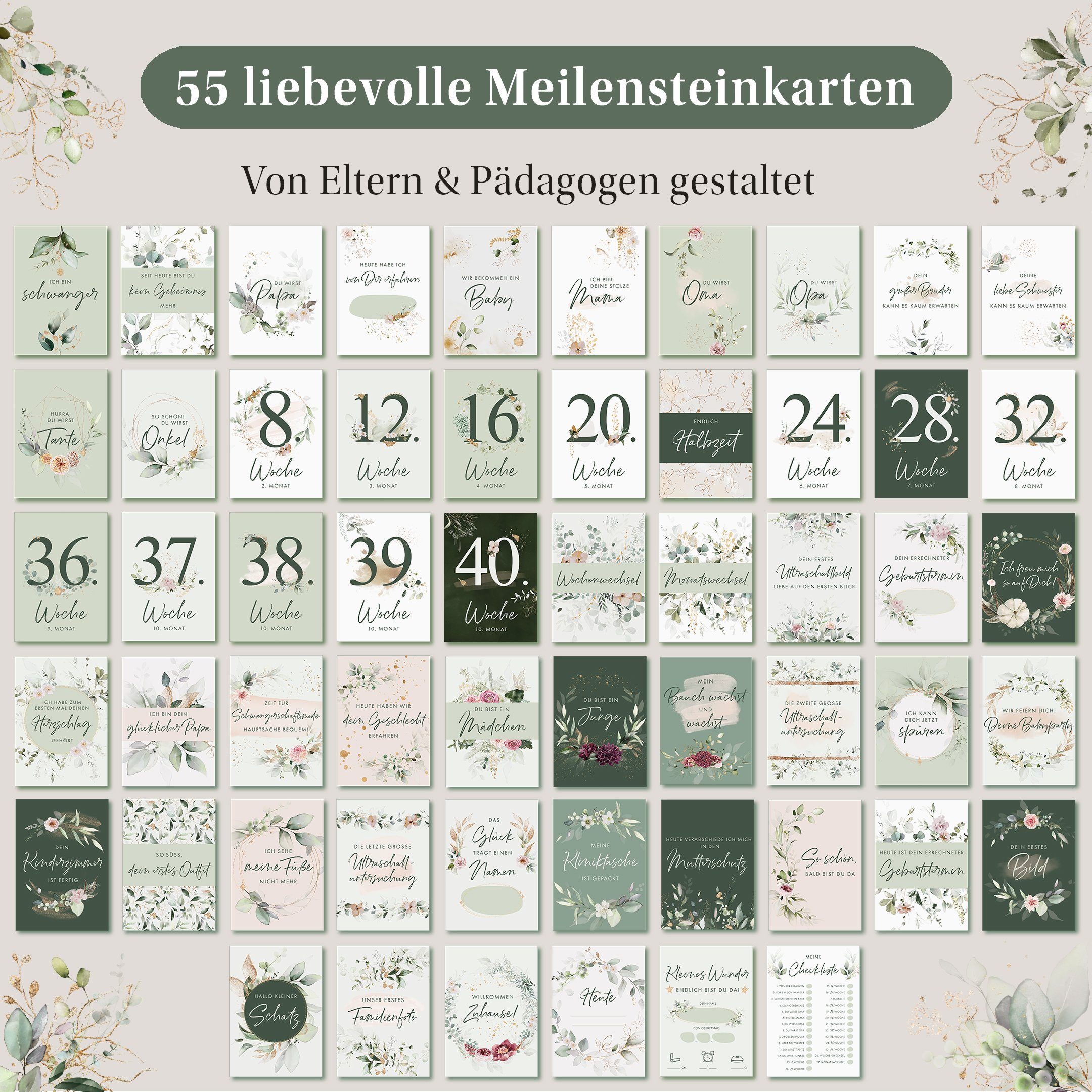 Eulentaler Geschenkkarte I 55 Meilensteinkarten für deine Schwangerschaft I, Von Hebammen gestaltet I Handgemalte Illustrationen Inkl. Geschenkbox