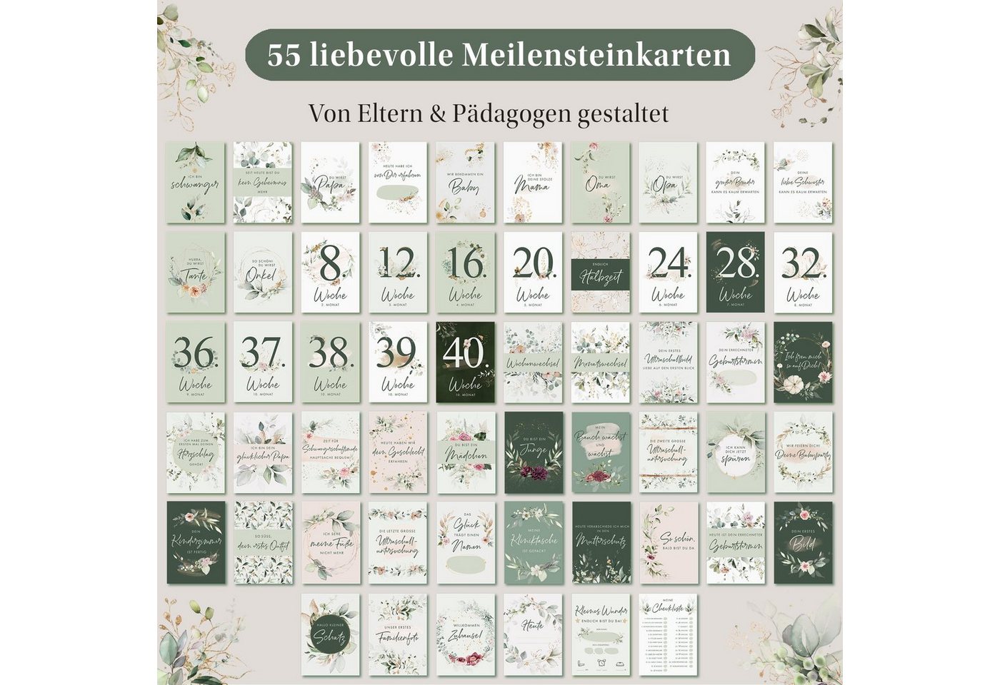 Thumbnail - Eulentaler Geschenkkarte I 55 Meilensteinkarten für deine Schwangerschaft I, Von Hebammen gestaltet I Handgemalte Illust...
