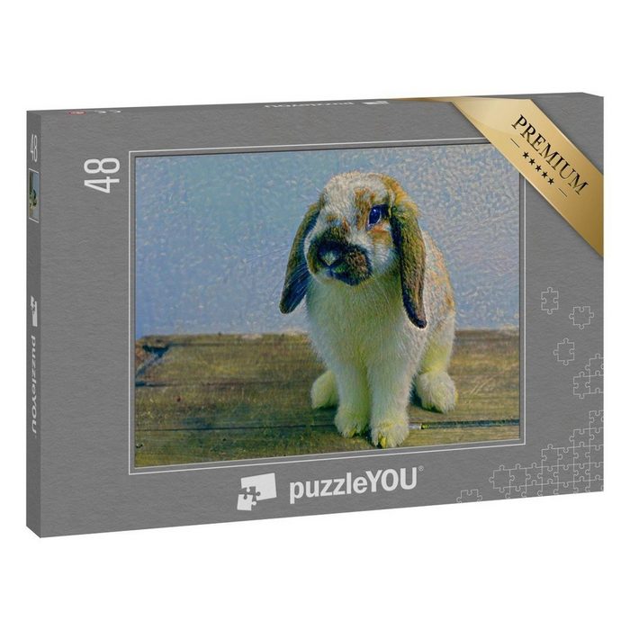 puzzleYOU Puzzle Hase auf Holztisch im Stil von Claude Monet 48 Puzzleteile puzzleYOU-Kollektionen Kunst-Stil Claude Monet
