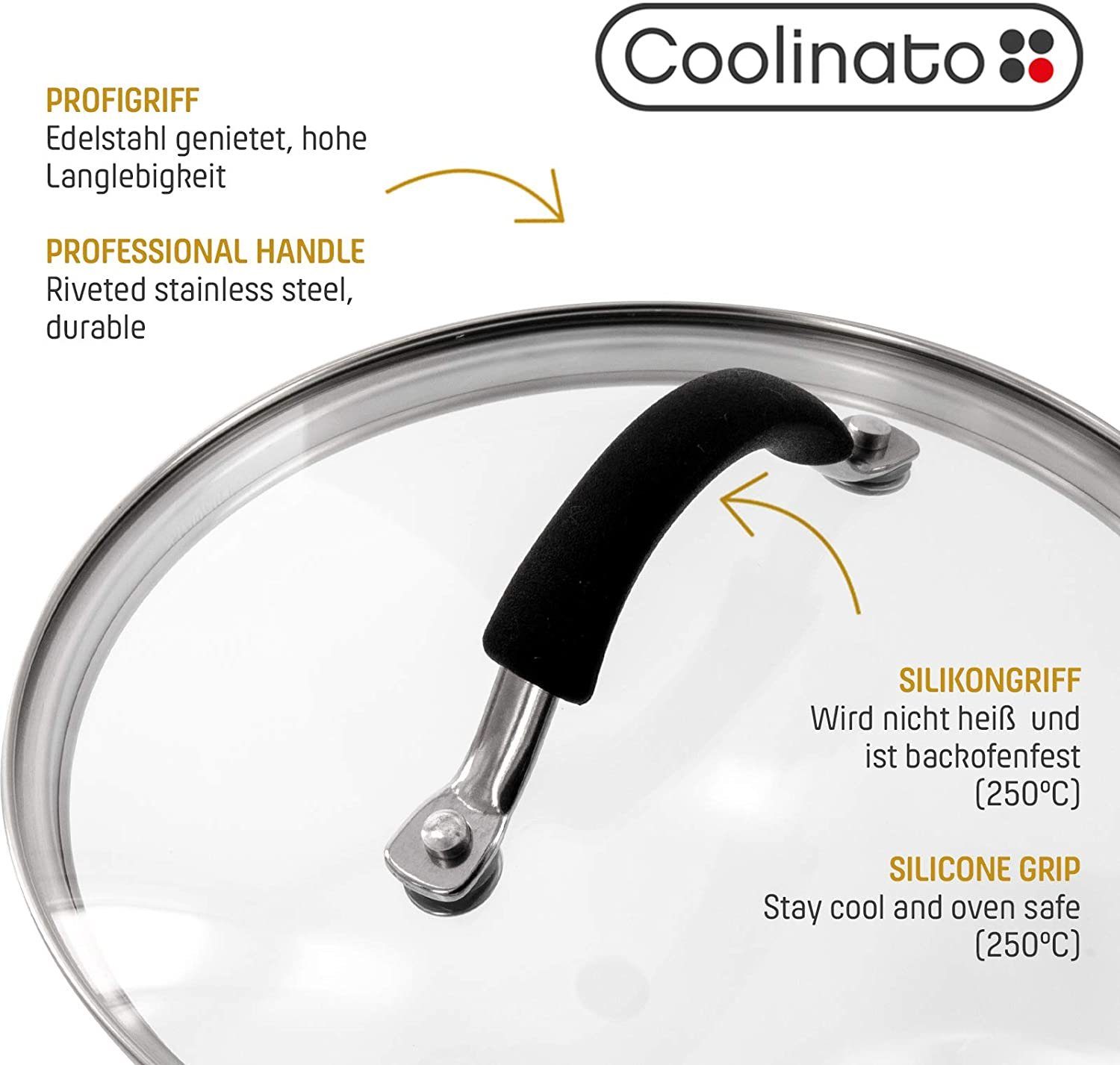 Silikongriff 26cm Grillpfanne Glasdeckel, 2tlg Coolinato Set Edelstahl mit + Pfanne (Grillpfannenset),