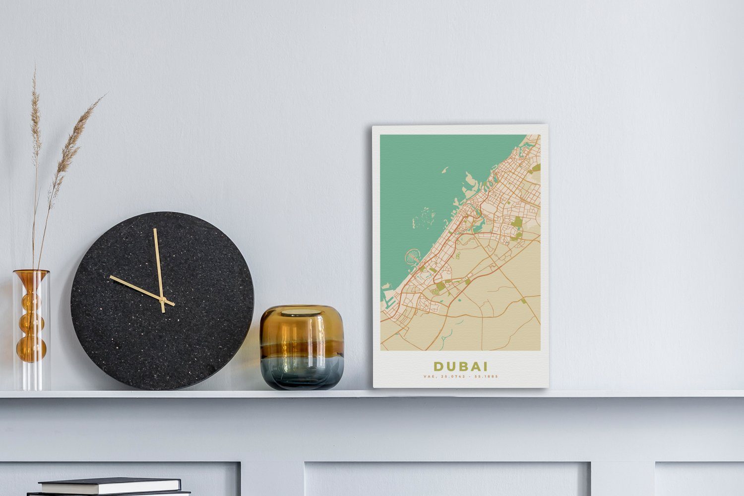20x30 Leinwandbild inkl. (1 fertig Karte, OneMillionCanvasses® Vintage cm - - bespannt Leinwandbild Zackenaufhänger, Dubai St), Gemälde, Stadtplan -