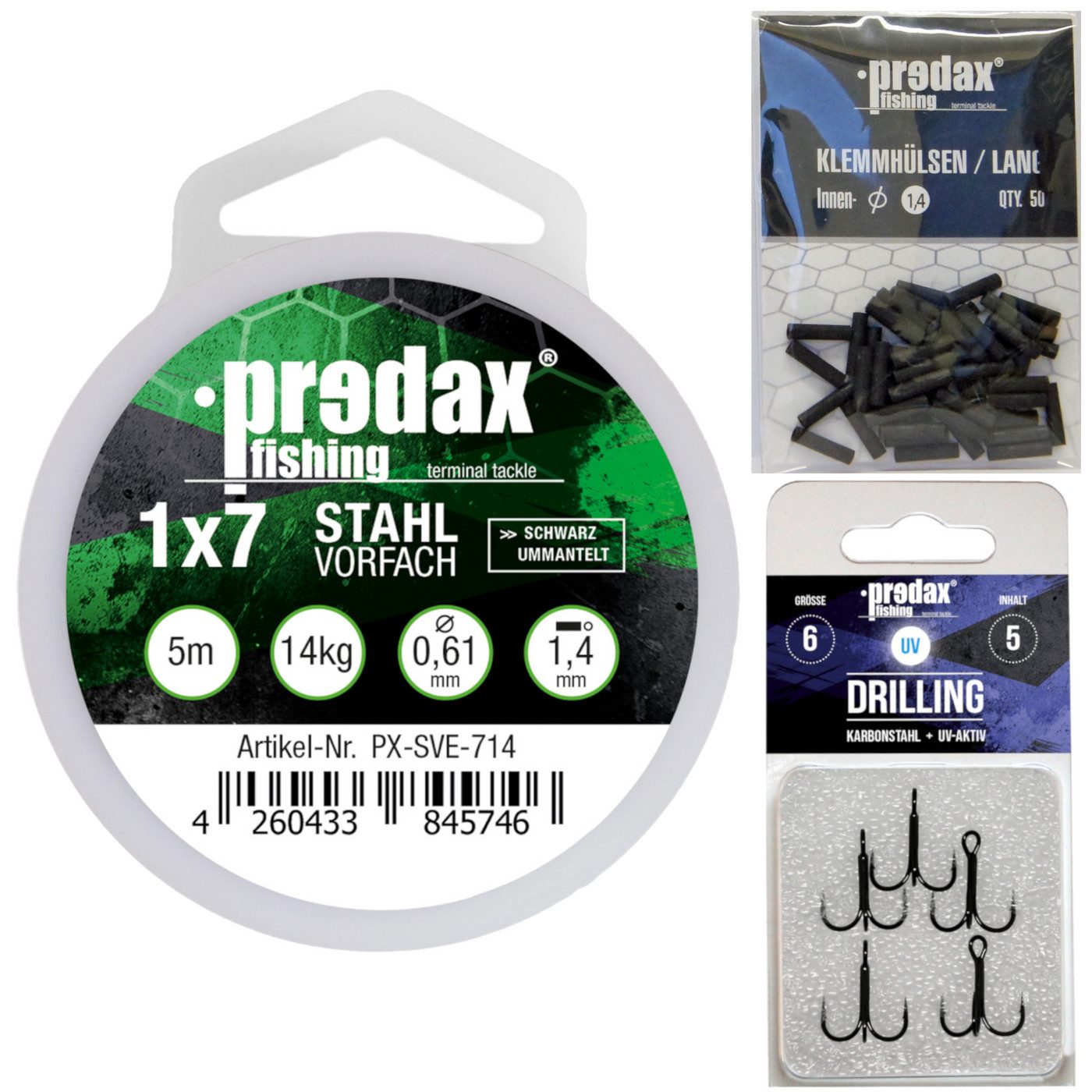 Vorfachschnur Predax Stahlvorfach 1x7 5m 14kg + 50 Klemmhülsen + 5 Drillinge Gr. 6