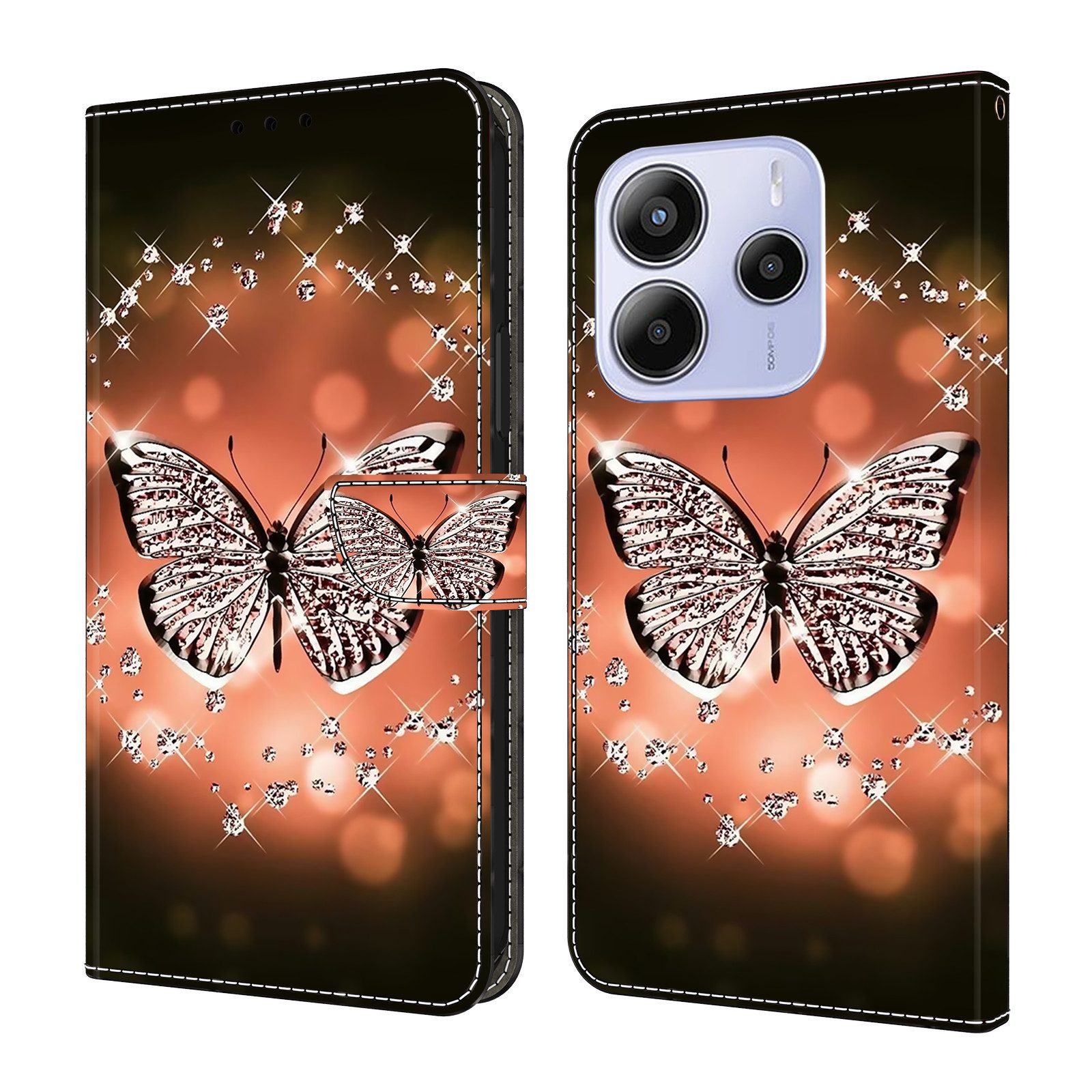 CLM-Tech Handytasche für Xiaomi Redmi Note 14 5G Hülle aus PU-Leder Klapphülle (Schmetterling Diamanten Muster, Handyhülle mit Standfunktion - Wallet Flip Case inklusive Kartenfächer), Cover mit Magnetverschluss Xiaomi Redmi Note 14 5G Schutzhülle