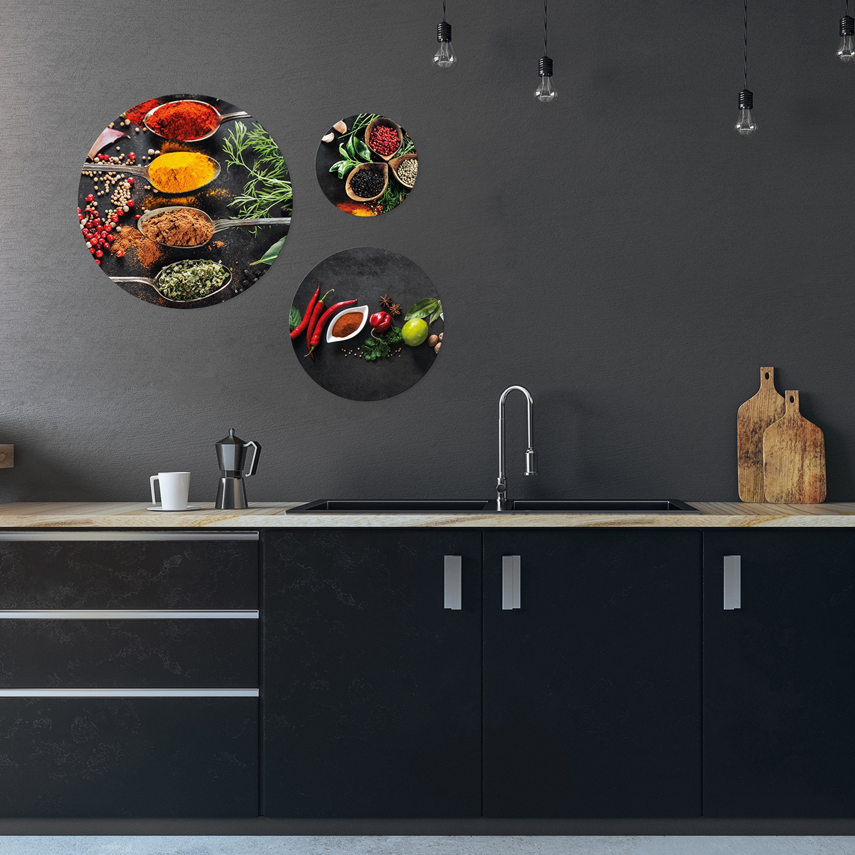 artissimo Mehrteilige Bilder mehrteiliges Bilder-Set Kräuter, Kräuter Küche Löffel Küchenbilder: Wandbilder und 3 rund Wandkreise