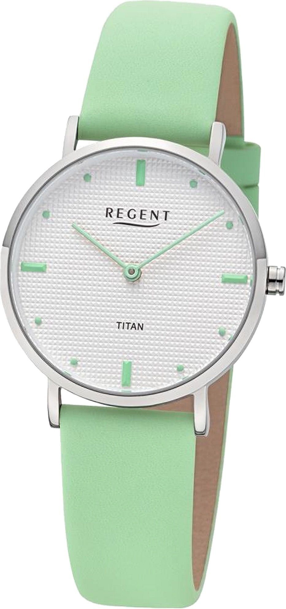 Regent Quarzuhr Regent Damen Titan-Armbanduhr Analog, (Analoguhr), Damen Armbanduhr rund, mittel (ca 32mm) Lederarmband hellgrün, Elegant