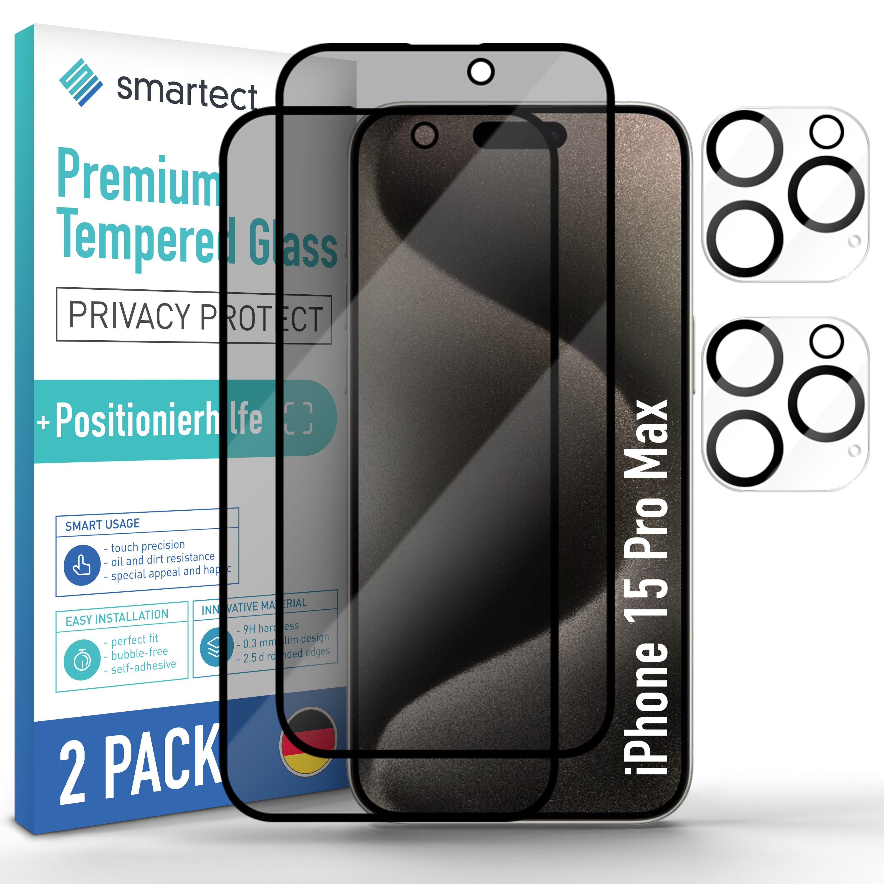 smartect Displayschutzglas Schutzglas Full Screen Privacy für iPhone 15 Pro Max, 2+2 + PH für iPhone 15 Pro Max, 2 Stück, Anti-Fingerabdruck, 9H Härte, Blasenfreie Installation