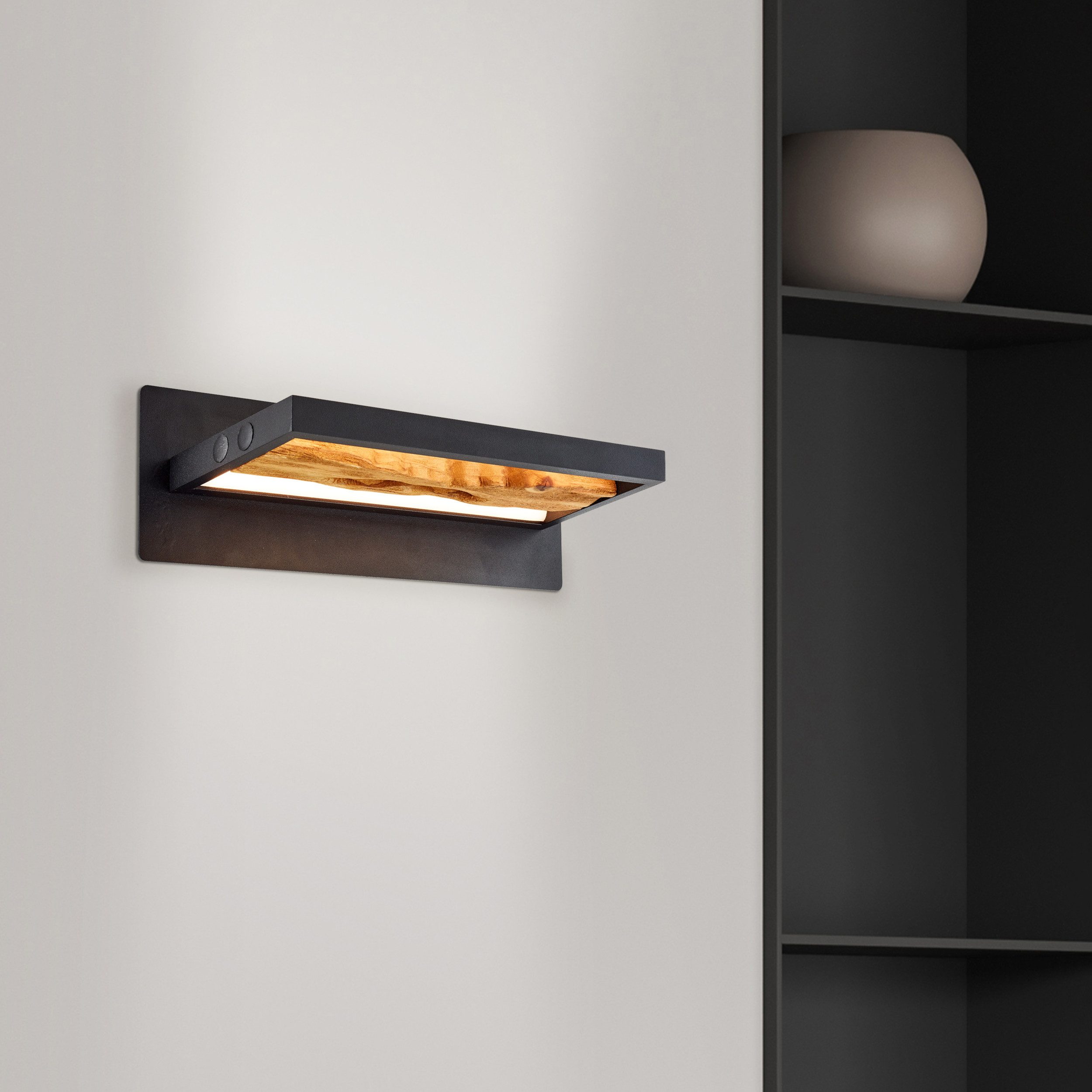 Lightbox Wandleuchte, LED fest integriert, Warmweiß, LED Wandlampe, 35 cm Breite, 930 lm 3000 K, Metall/Holz, schwarz/braun
