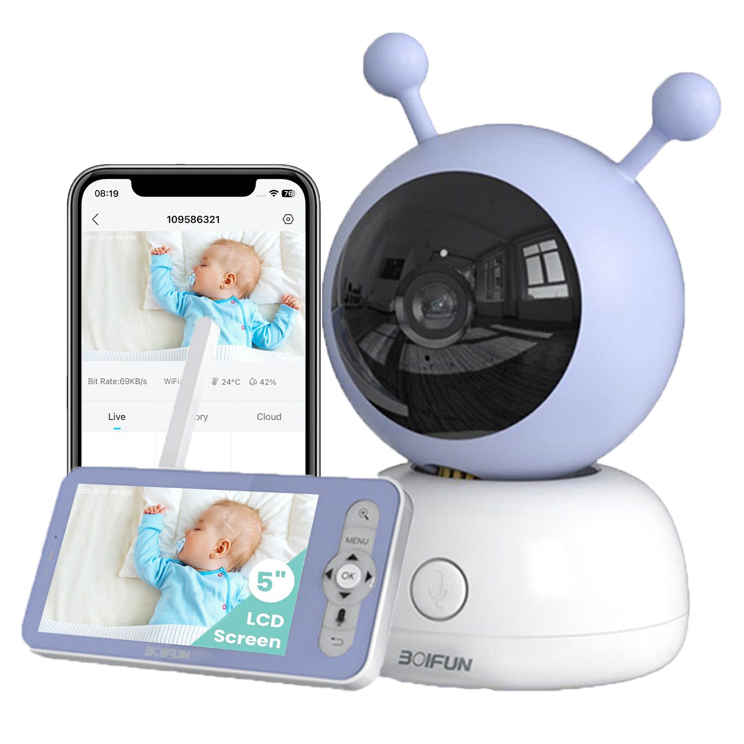 Babyphone Babyphone mit Kamera 5 Zoll 1080P Video Babyphon Mobile App Steuerung