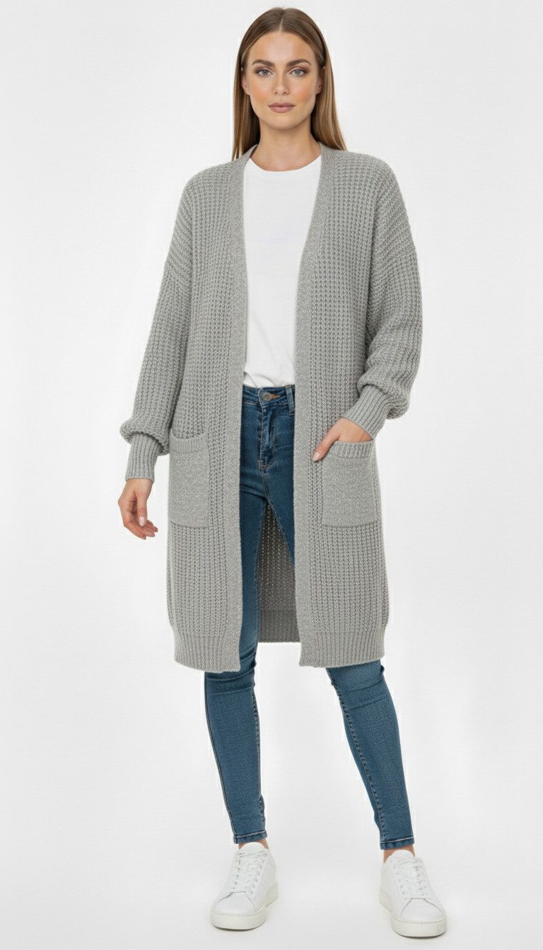 Kendindza Collection Cardigan Cardigan Damen Knielang Oversize Strickjacke Damen Lang Weich Grobstrick Longstrickjacke Made In Italy - One Size 34-44