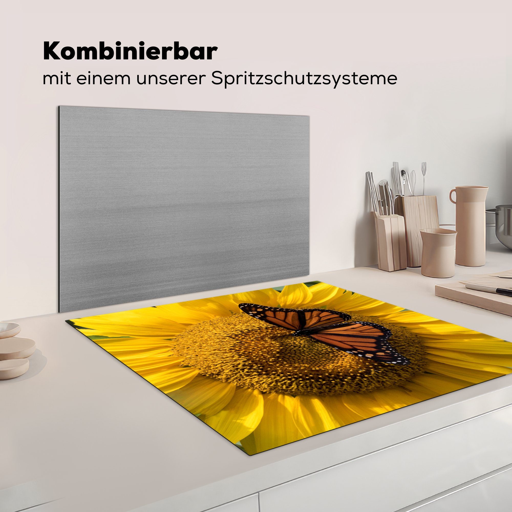 (1 - küche Frühling, Sonnenblume 78x78 tlg), MuchoWow Arbeitsplatte Herdblende-/Abdeckplatte - Schmetterling cm, für Ceranfeldabdeckung, Vinyl,