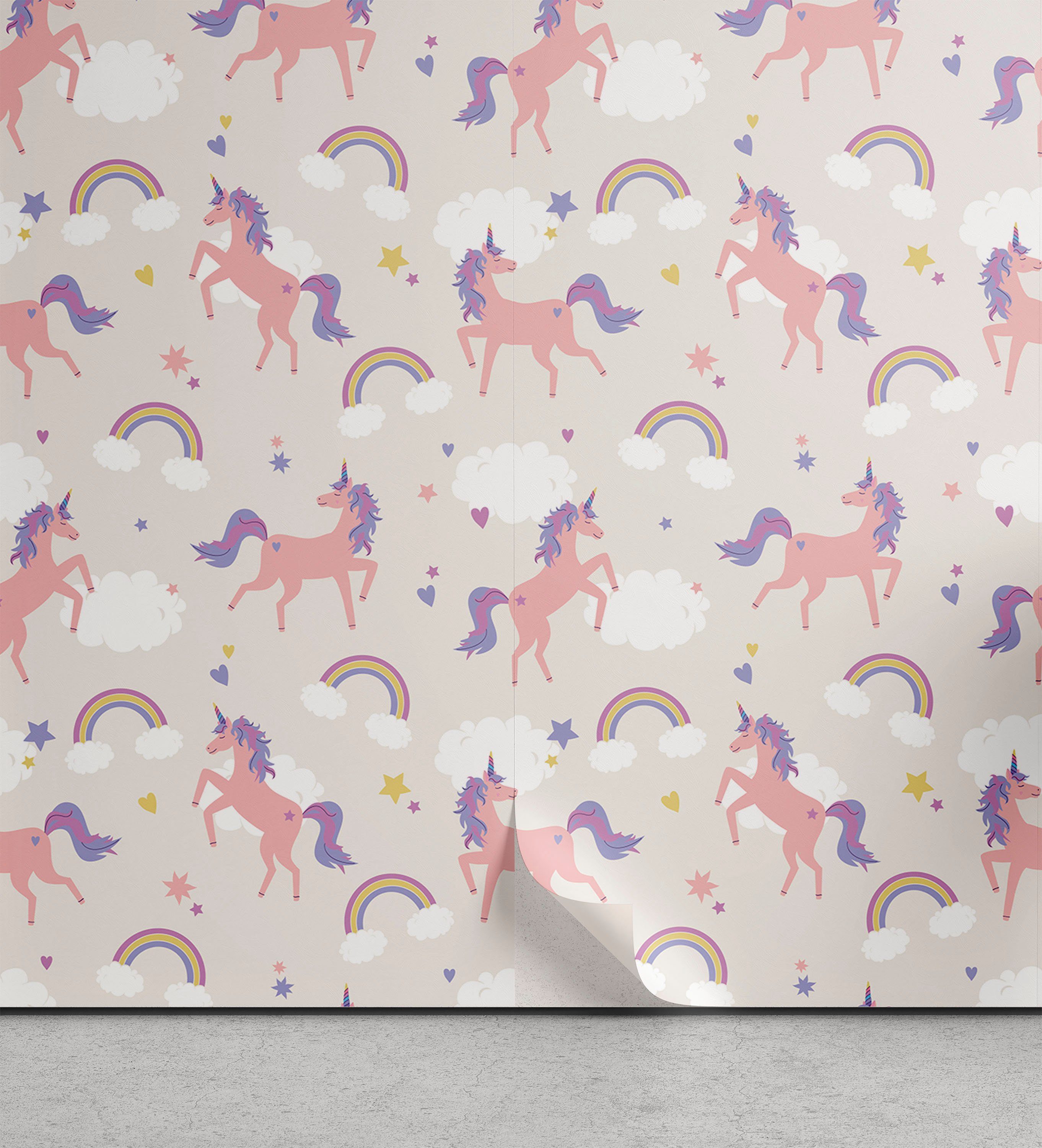 Abakuhaus Vinyltapete selbstklebendes Wohnzimmer Küchenakzent, Regenbogen Dreamy Unicorn Sterne Wolken