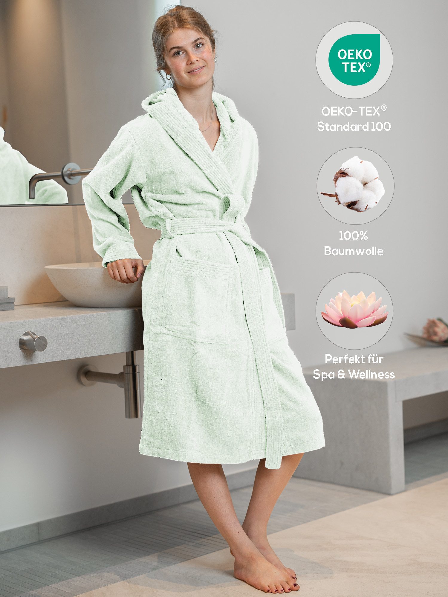 SIEGENTHAL Damenbademantel SIEGENTHAL® Damen Bademantel Frottee Velour Kapuze Flauschig Knielang, Kapuze, Gürtel, saugfähigem Frottee,Pflegeleicht und langlebig,praktische Taschen