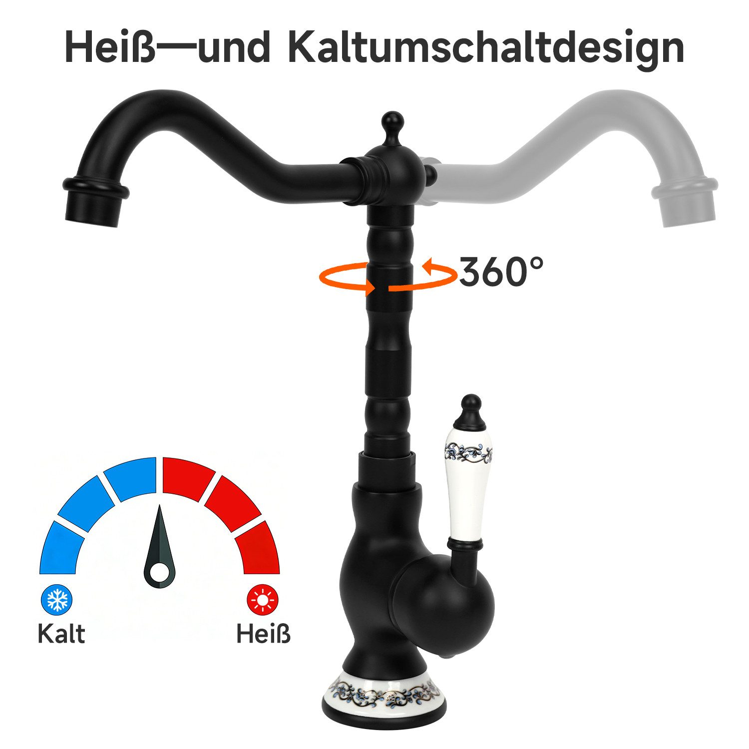 OSTWOLKE Waschtischarmatur Wasserhahn Bad Küche Waschbeckenarmatur Badarmaturen Küchenarmatur Retro mit 360° schwenkbarer Auslauf Mischbatterie Einlochmontage