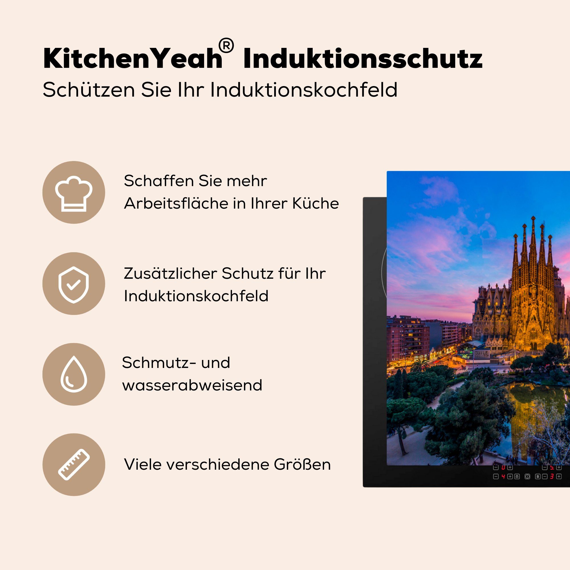 küche 78x78 Sagrada Barcelona MuchoWow Vinyl, - Arbeitsplatte (1 tlg), Ceranfeldabdeckung, Spanien, für - Familia cm, Herdblende-/Abdeckplatte