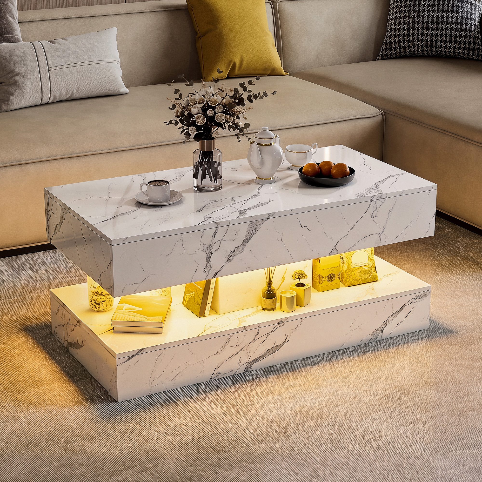BELUPAI Couchtisch Wohnzimmertisch Hochglanz Tischplatte in Marmoroptik mit LED (Beistelltisch mit LED-Beleuchtung, Kaffeetisch mit 2 versteckten Schubladen), Sofatisch für Wohnzimmer, Schlafzimmer, Büro,Weiß