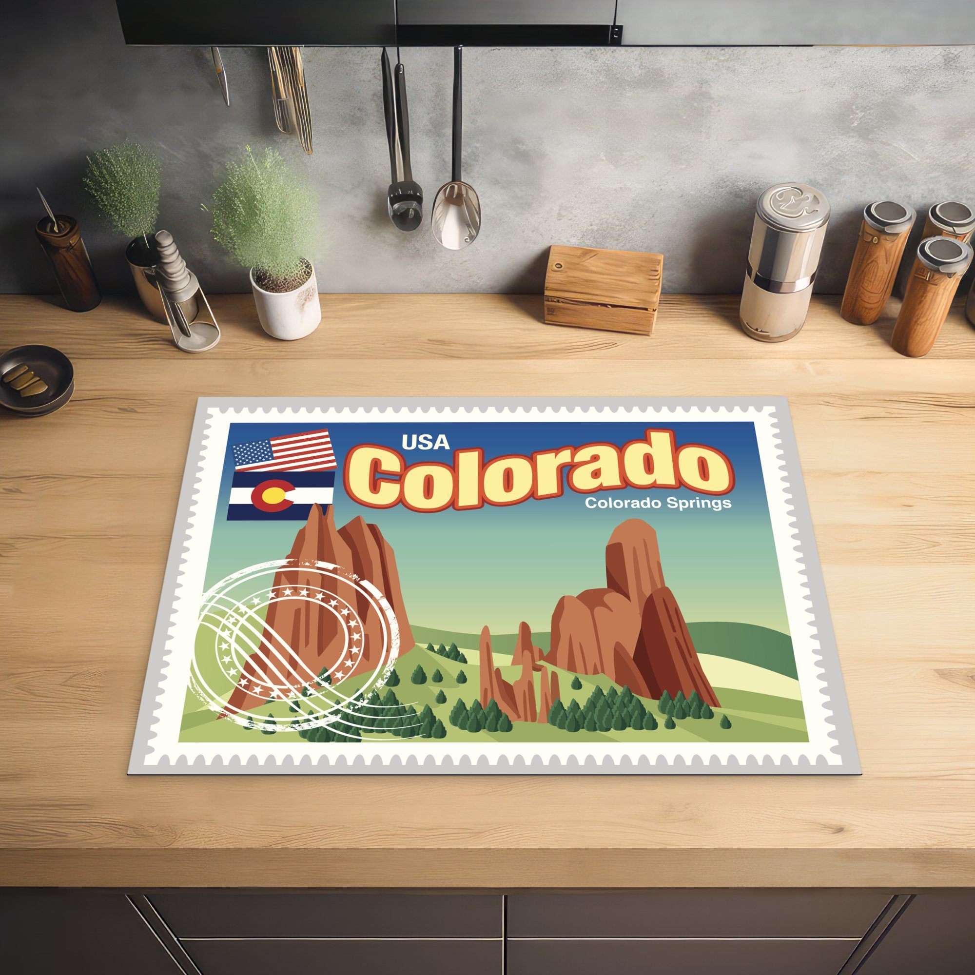 MuchoWow Herdblende-/Abdeckplatte Illustration Briefmarke Stadt nutzbar, Springs, tlg), (1 Colorado Vinyl, der Arbeitsfläche einer Ceranfeldabdeckung 70x52 Mobile cm