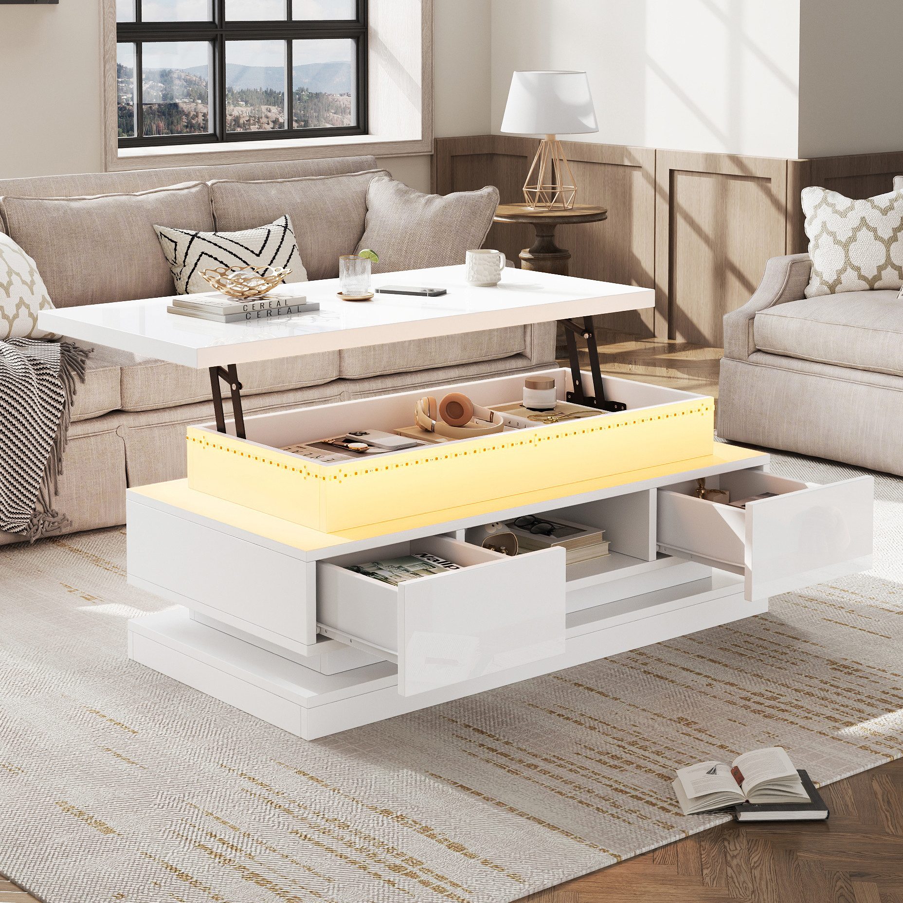 HAUSS SPOLE Couchtisch mit 2 Schublade,Beistelltisch Sofatisch verstecktem Stauraum,anhebbar (Sofatisch, kaffeetisch, Wohnzimmertisch, 1-St., mit USB-Anschluss, multifunktionale Couchtisch), Hochglanz-Beistelltisch, mit verstecktem Stauraum