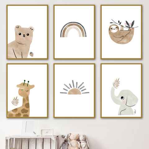 Pippolipo Poster Bilder Kinderzimmer Deko Babyzimmer Wohnzimmer A4, (6er Set Kinderposter Kinderbilder Tiere), Tiermotive Waldtiere für Kinder Junge Mädchen, Modell A4P2
