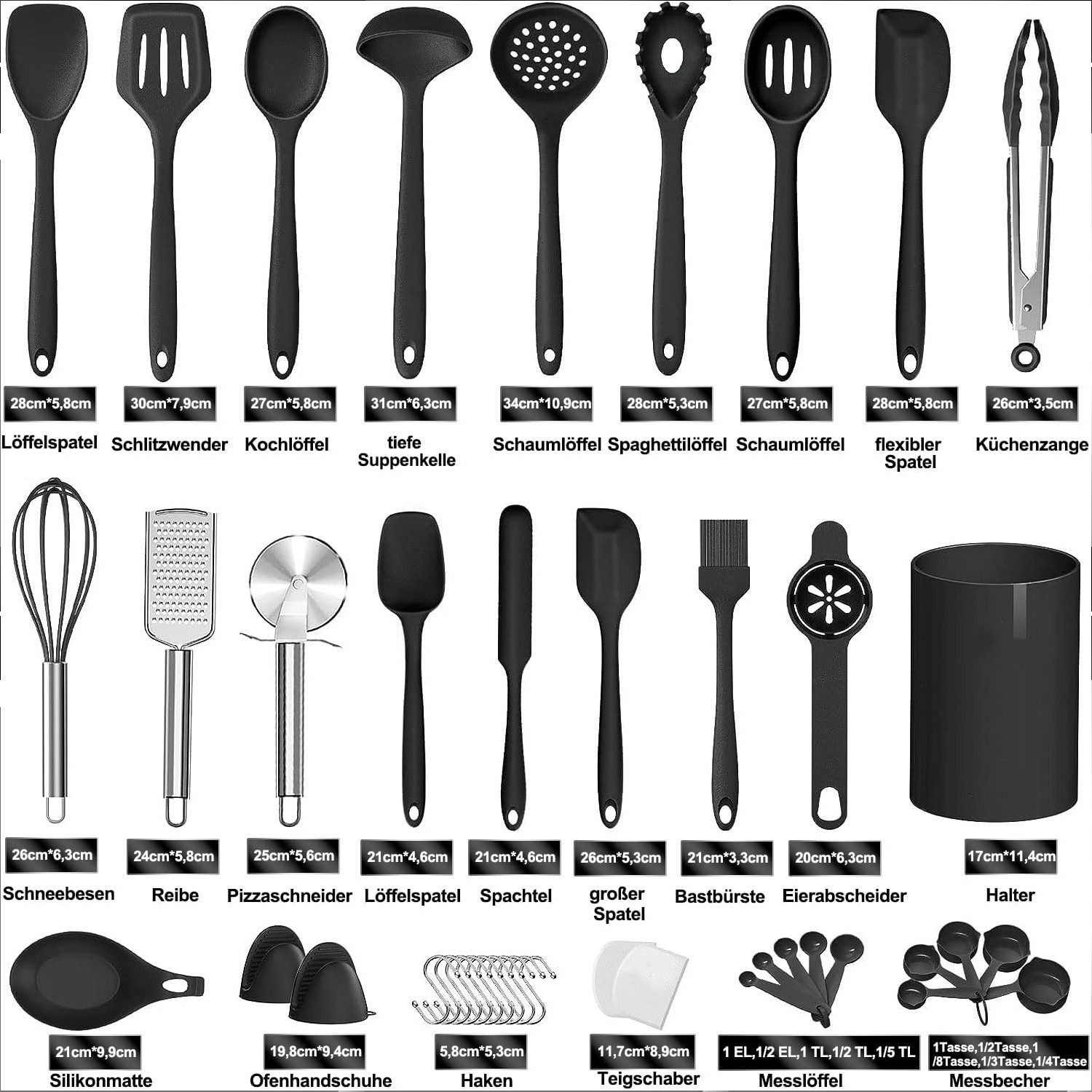 OKWISH Kochbesteck-Set 43er Küchenhelfer Set Kochgeschirr Küchenutensilien Küchengerät Küchen (Kochset Antihaft Hitzebeständig mit Utensilienhalter und Aufhängeloch, 43-tlg., Kochzubehör, Utensil Set, Silikon, Kochutensilien), Spülmaschinengeeignet für Kochen Braten Schöpfen Mischen und Backen